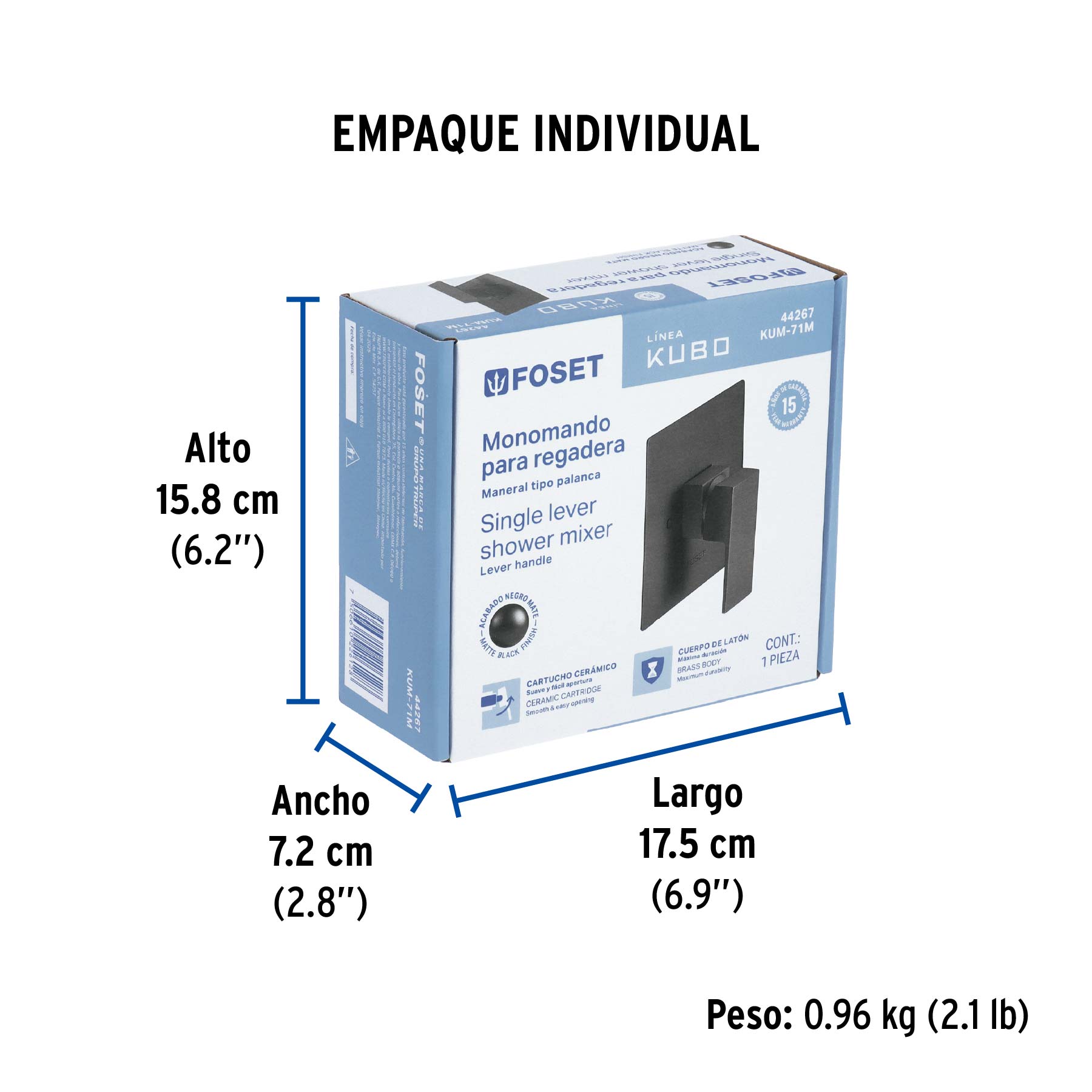 Monomando para regadera sin desviador, negro, FOSET KUBO - Empaque