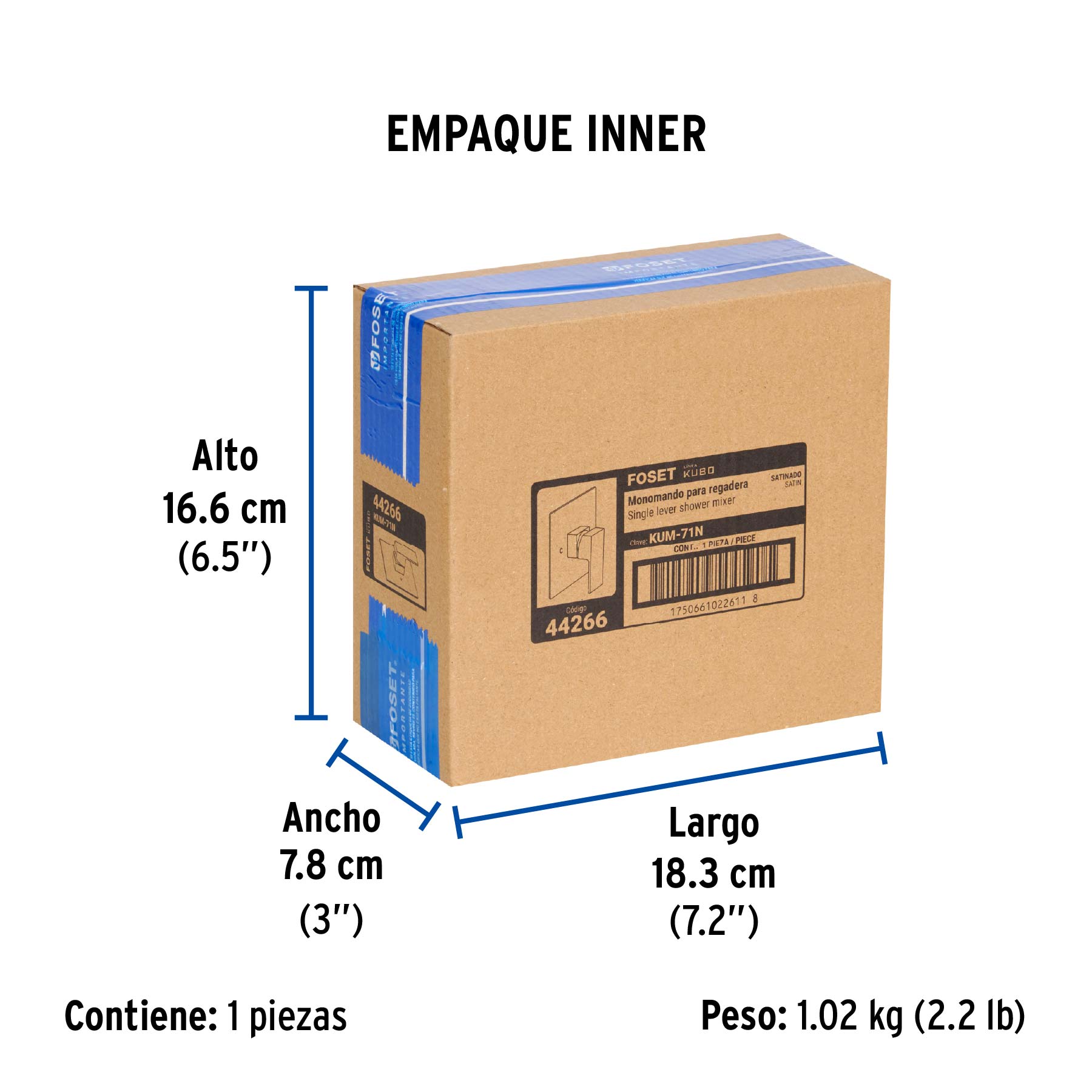 Monomando para regadera sin desviador, satín, FOSET KUBO - Empaque