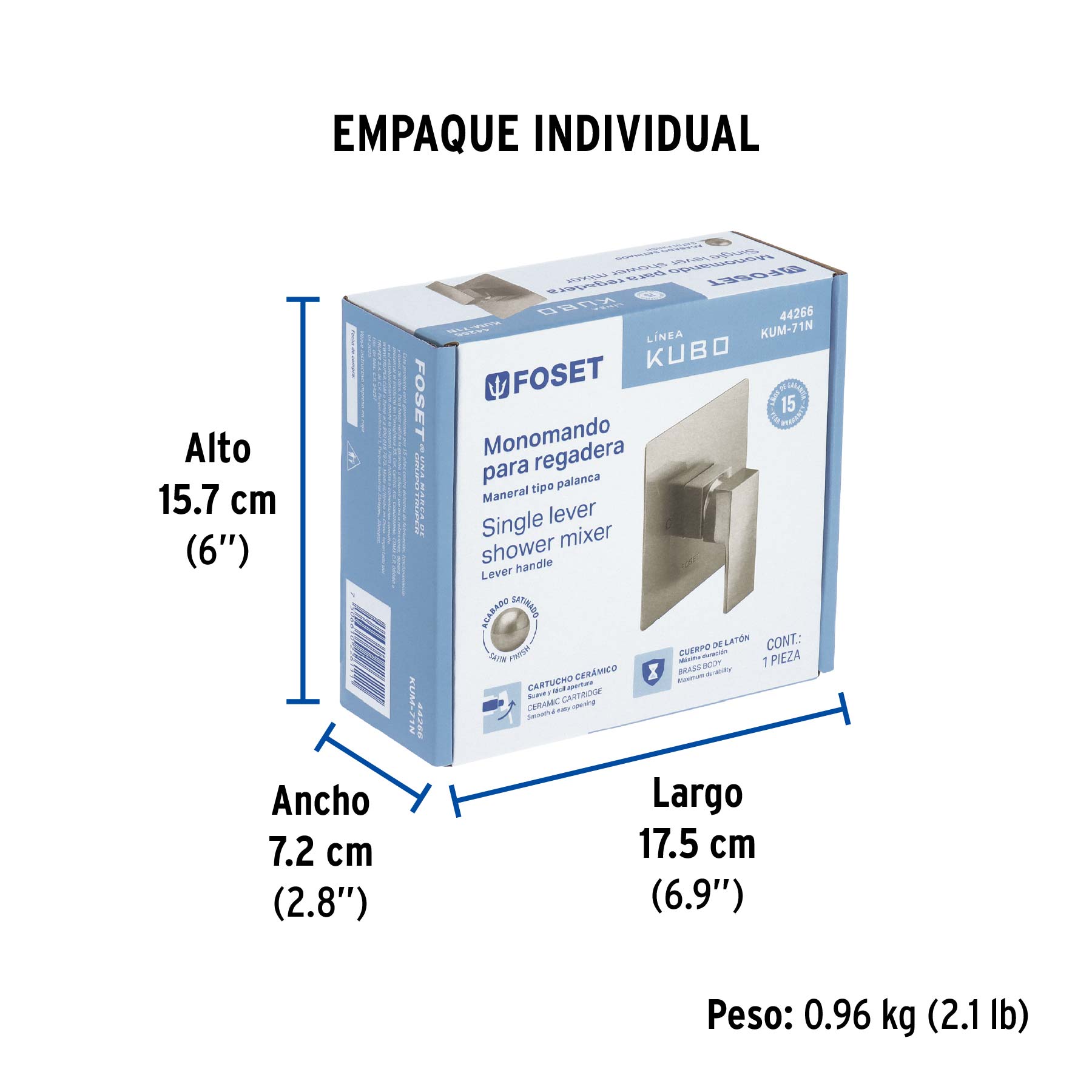Monomando para regadera sin desviador, satín, FOSET KUBO - Empaque