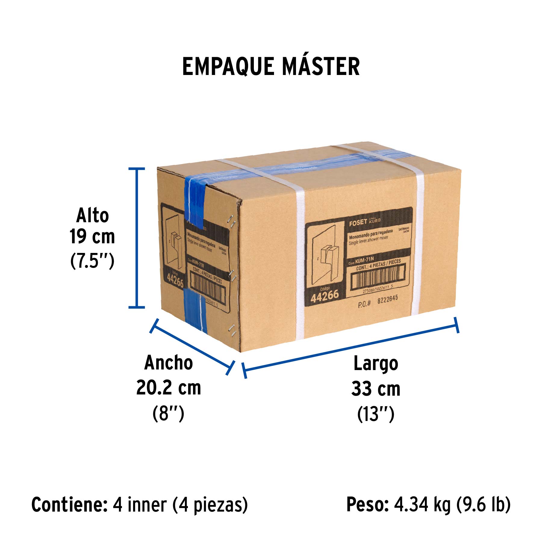 Monomando para regadera sin desviador, satín, FOSET KUBO - Empaque