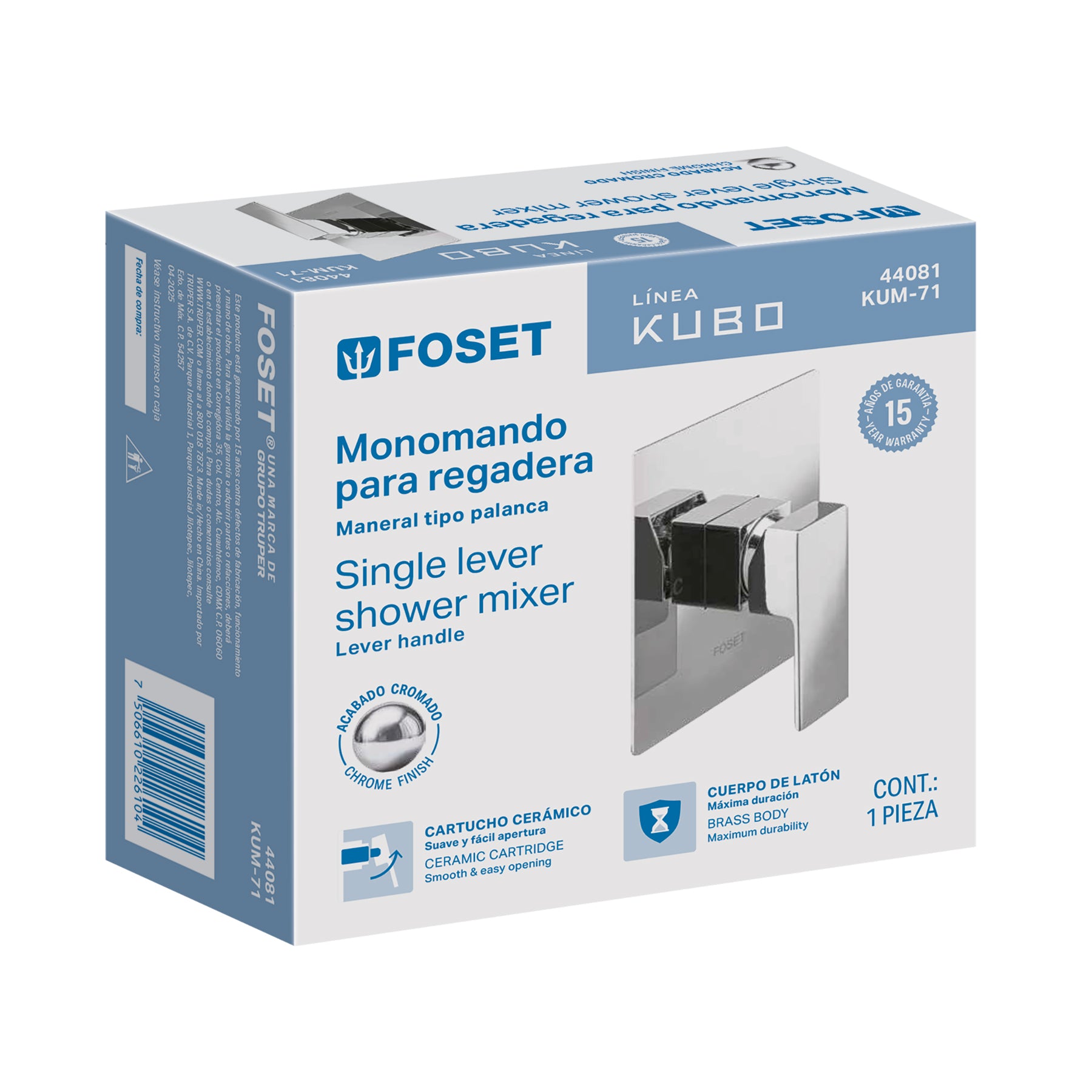 Monomando para regadera sin desviador, cromo, FOSET KUBO