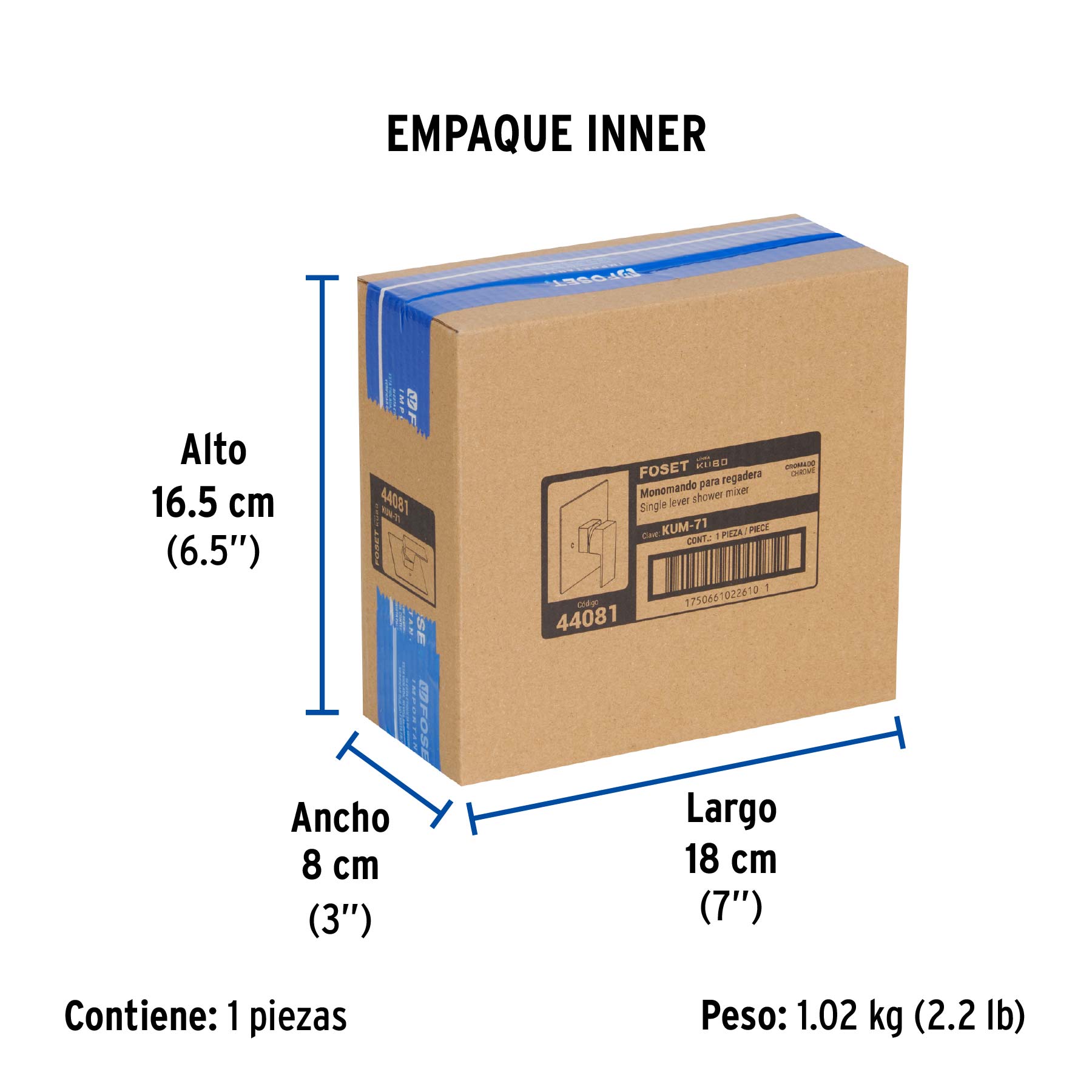 Monomando para regadera sin desviador, cromo, FOSET KUBO - Empaque