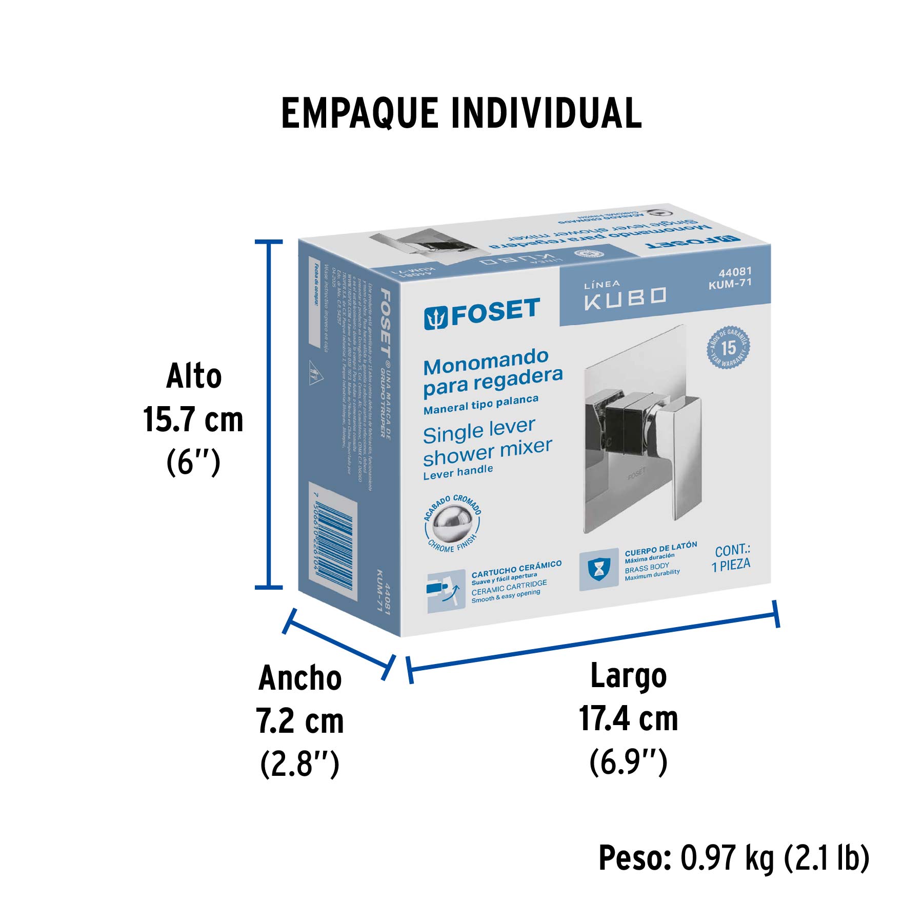 Monomando para regadera sin desviador, cromo, FOSET KUBO - Empaque