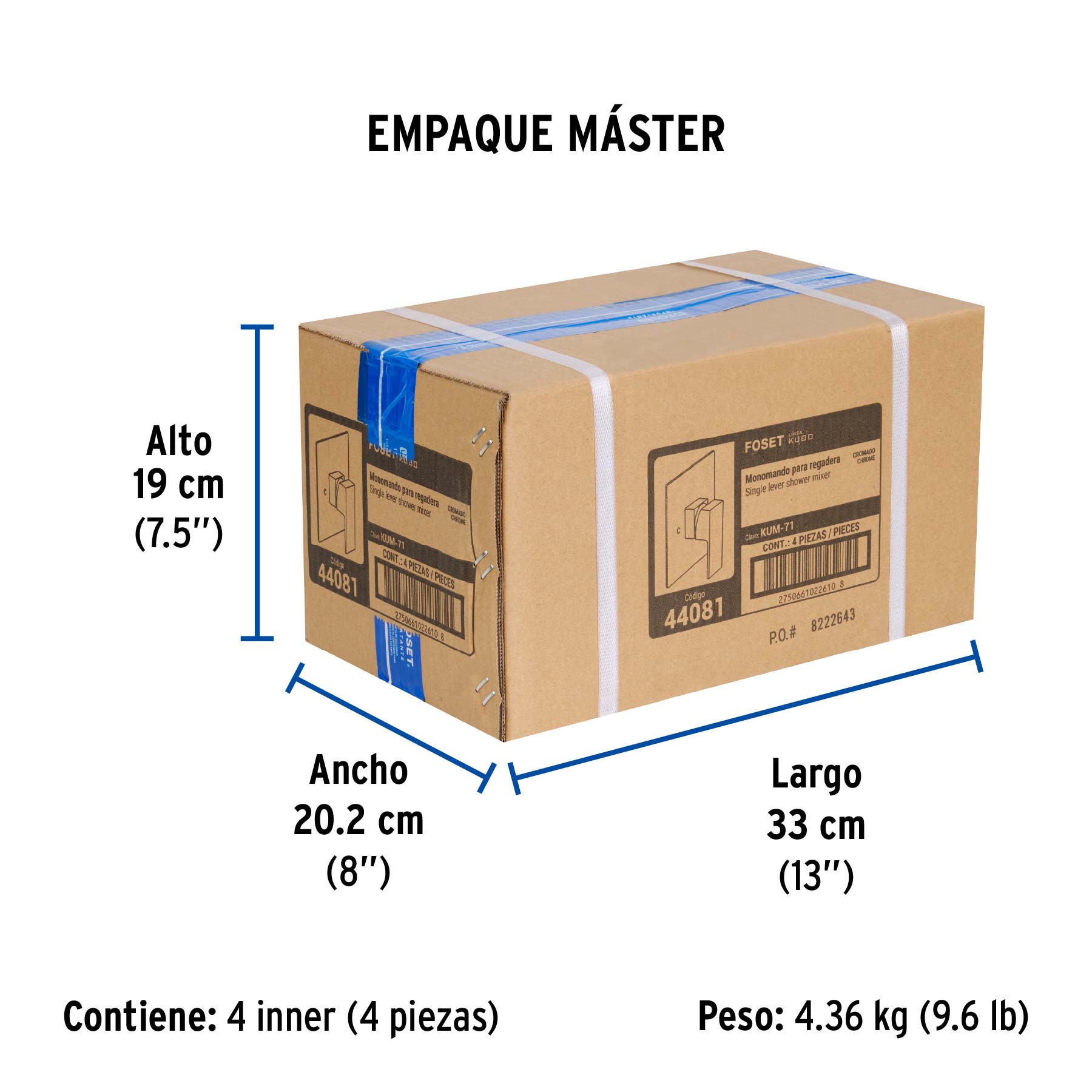 Monomando para regadera sin desviador, cromo, FOSET KUBO - Empaque