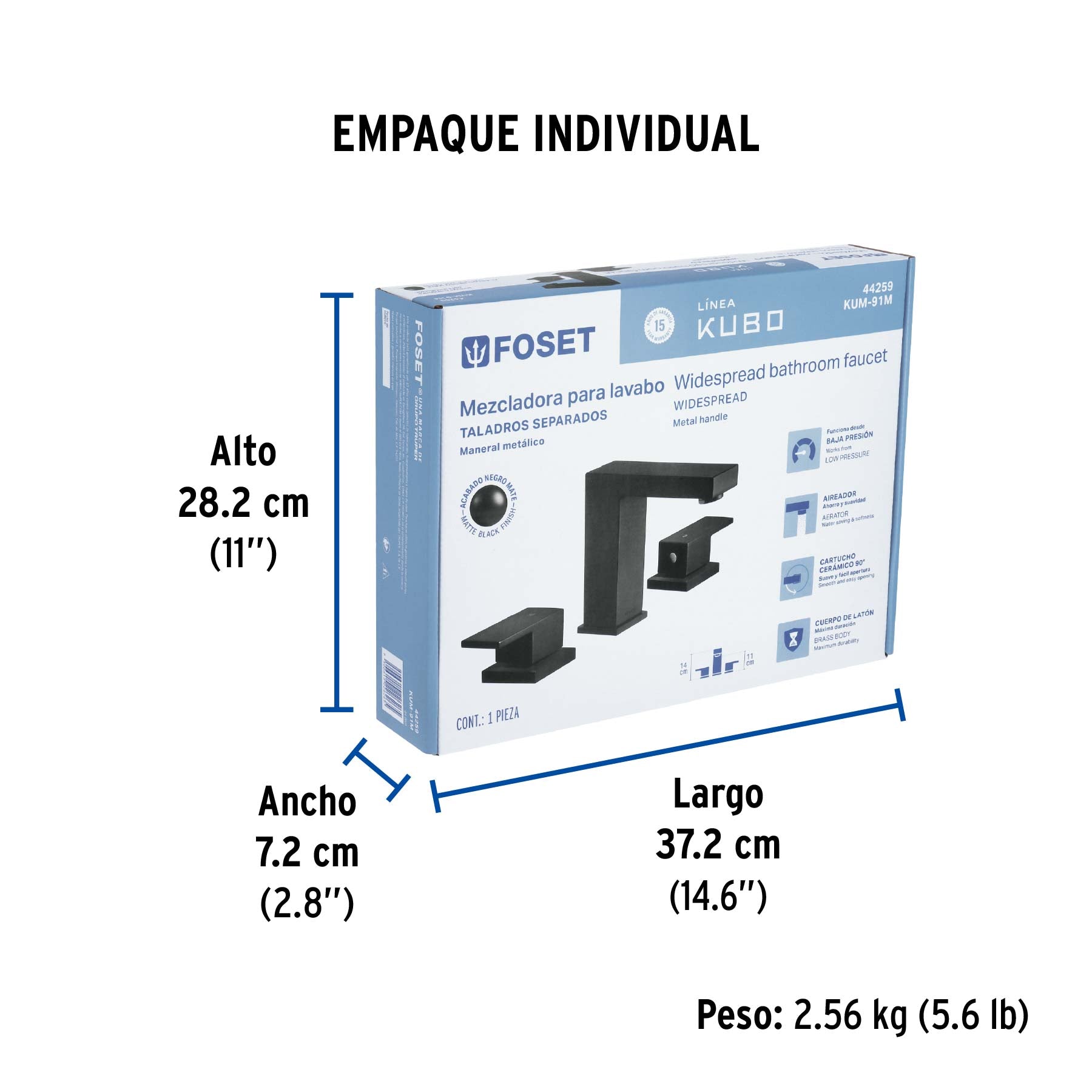 Mezcladora para lavabo taladros separados, negro, FOSET KUBO - Empaque