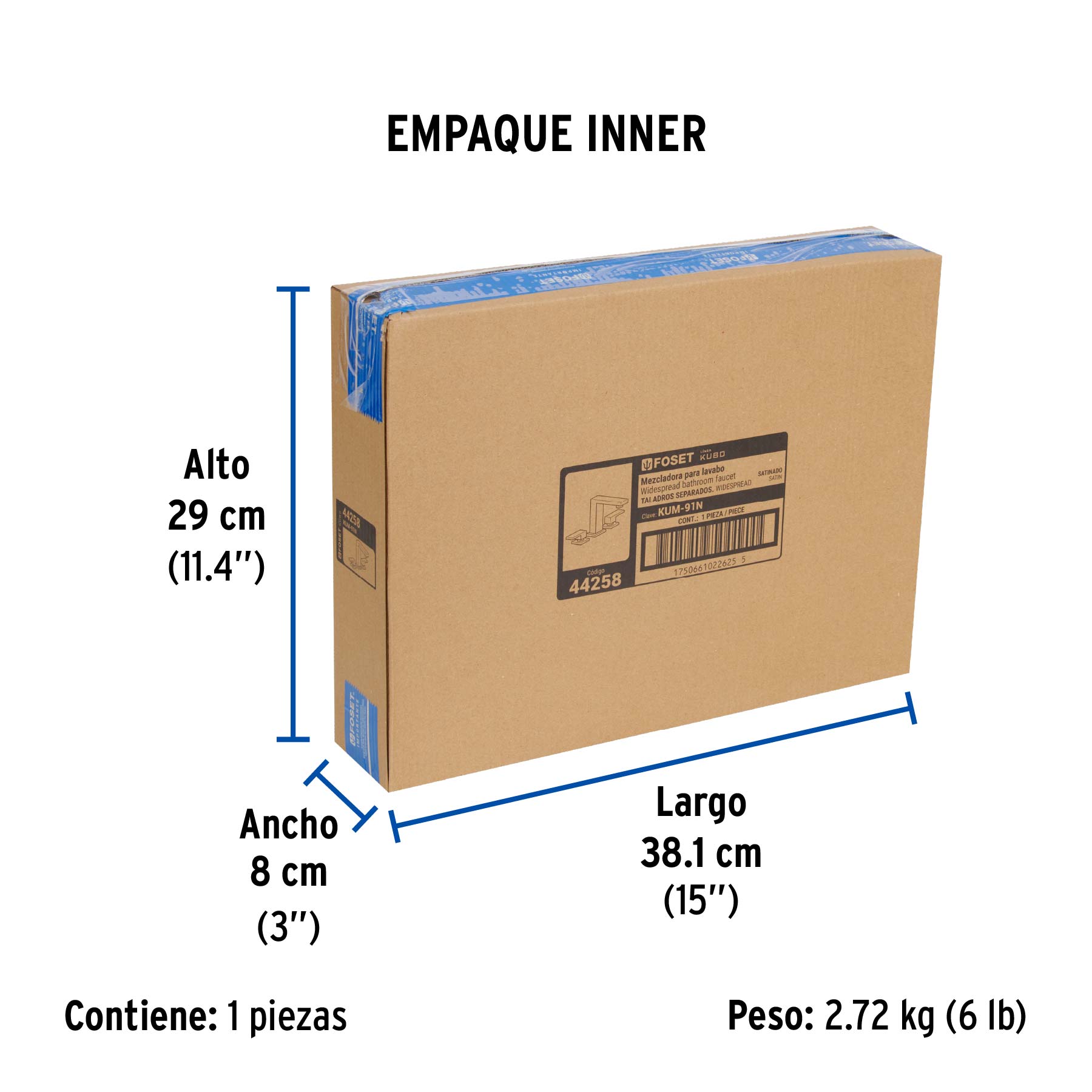 Mezcladora para lavabo taladros separados, satín, FOSET KUBO - Empaque