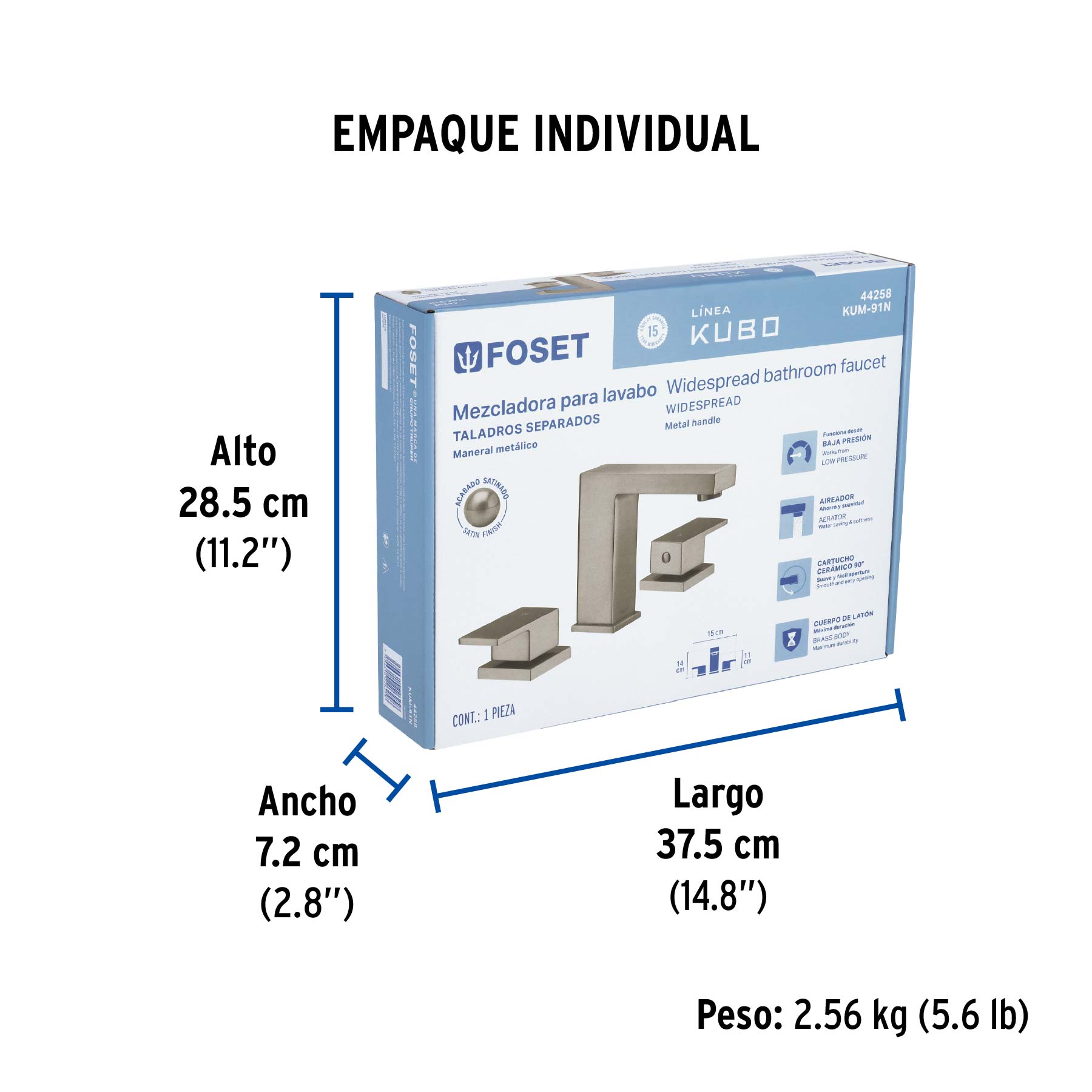 Mezcladora para lavabo taladros separados, satín, FOSET KUBO - Empaque