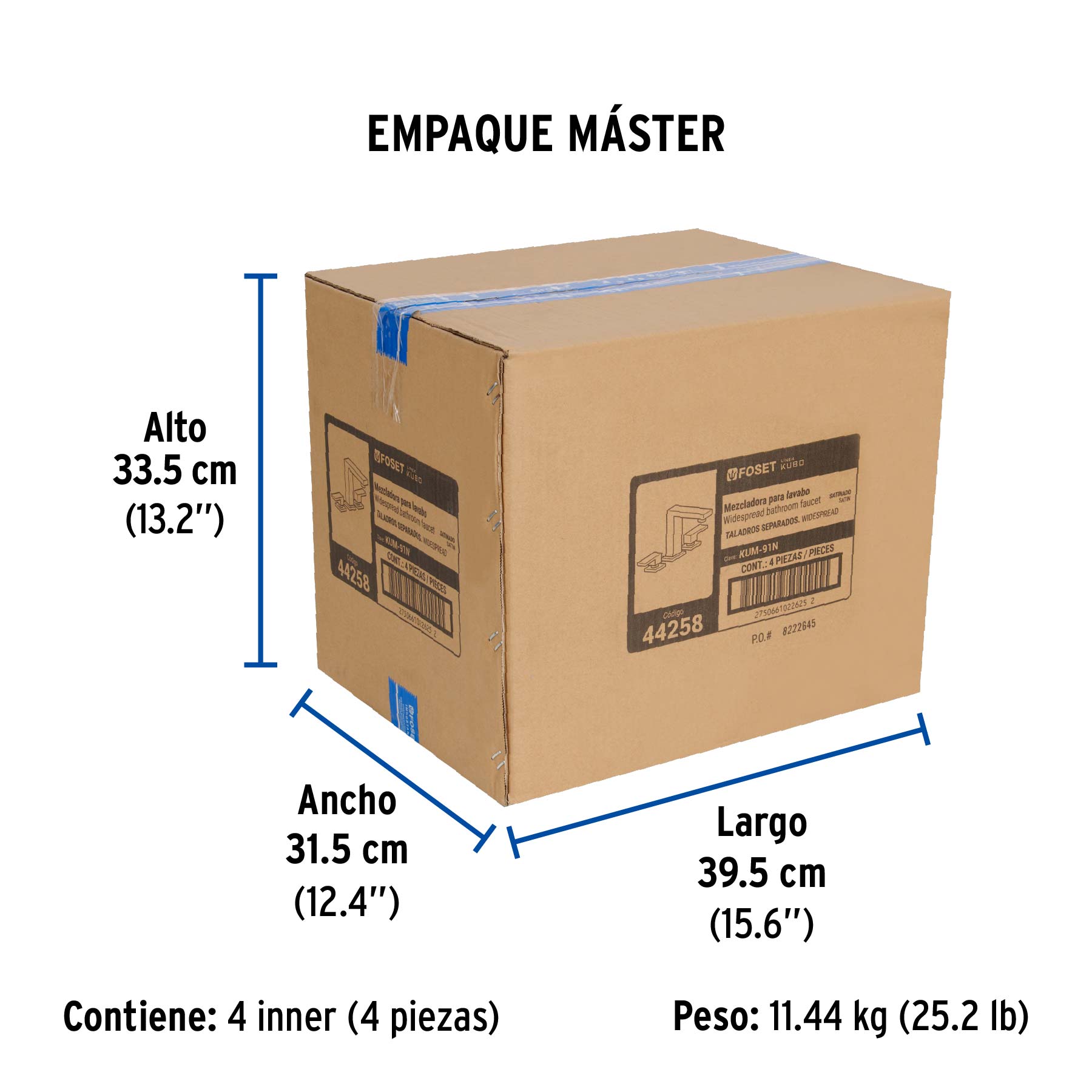 Mezcladora para lavabo taladros separados, satín, FOSET KUBO - Empaque