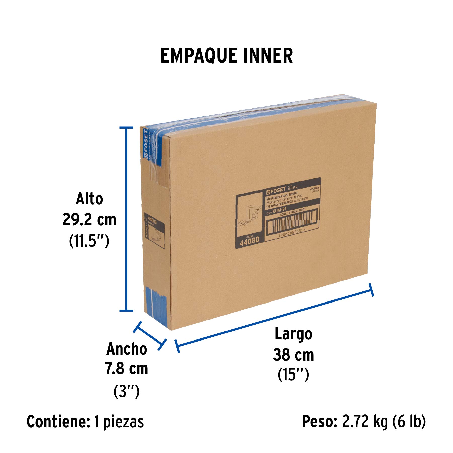 Mezcladora para lavabo taladros separados, cromo, FOSET KUBO - Empaque