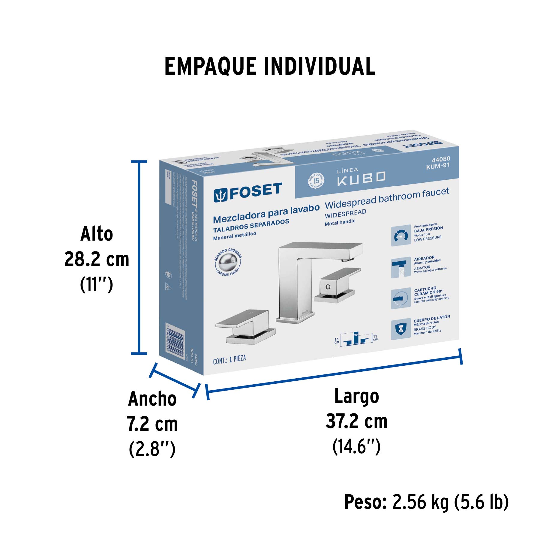 Mezcladora para lavabo taladros separados, cromo, FOSET KUBO - Empaque