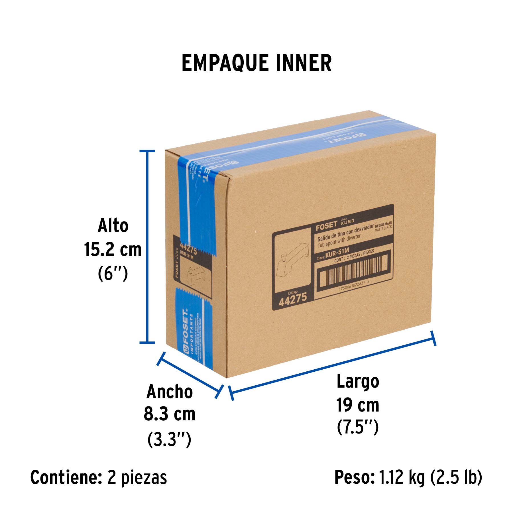 Salida de tina con desviador, negro, FOSET KUBO - Empaque