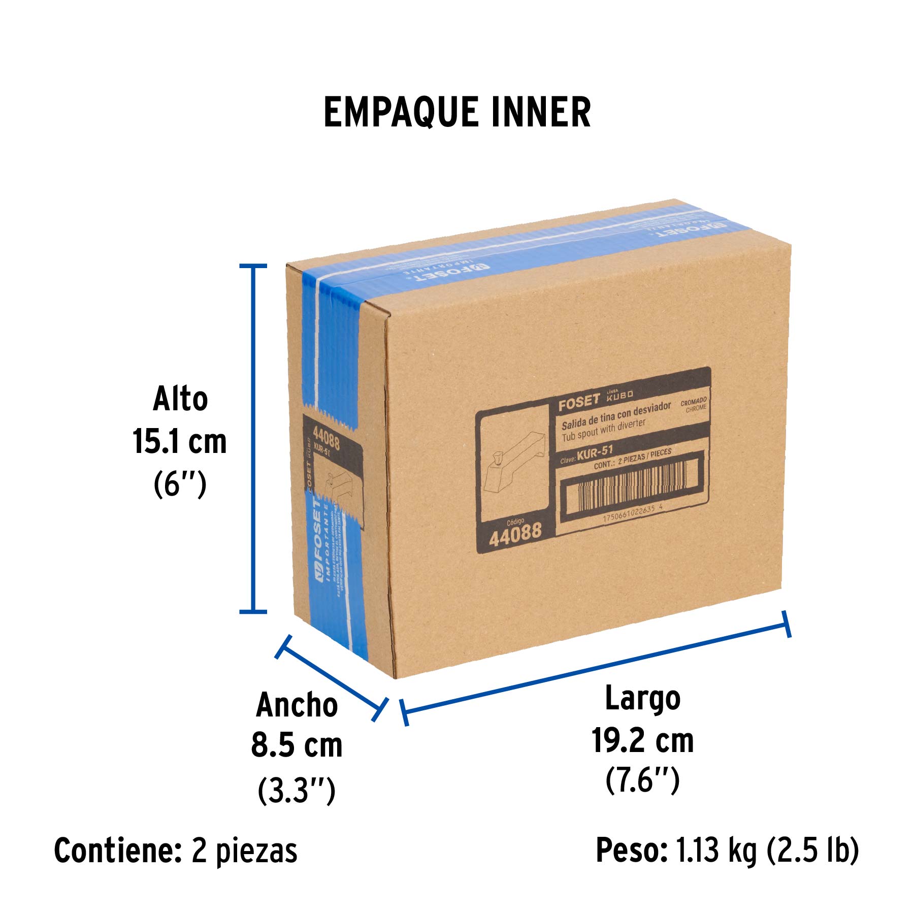Salida de tina con desviador, cromo, FOSET KUBO - Empaque