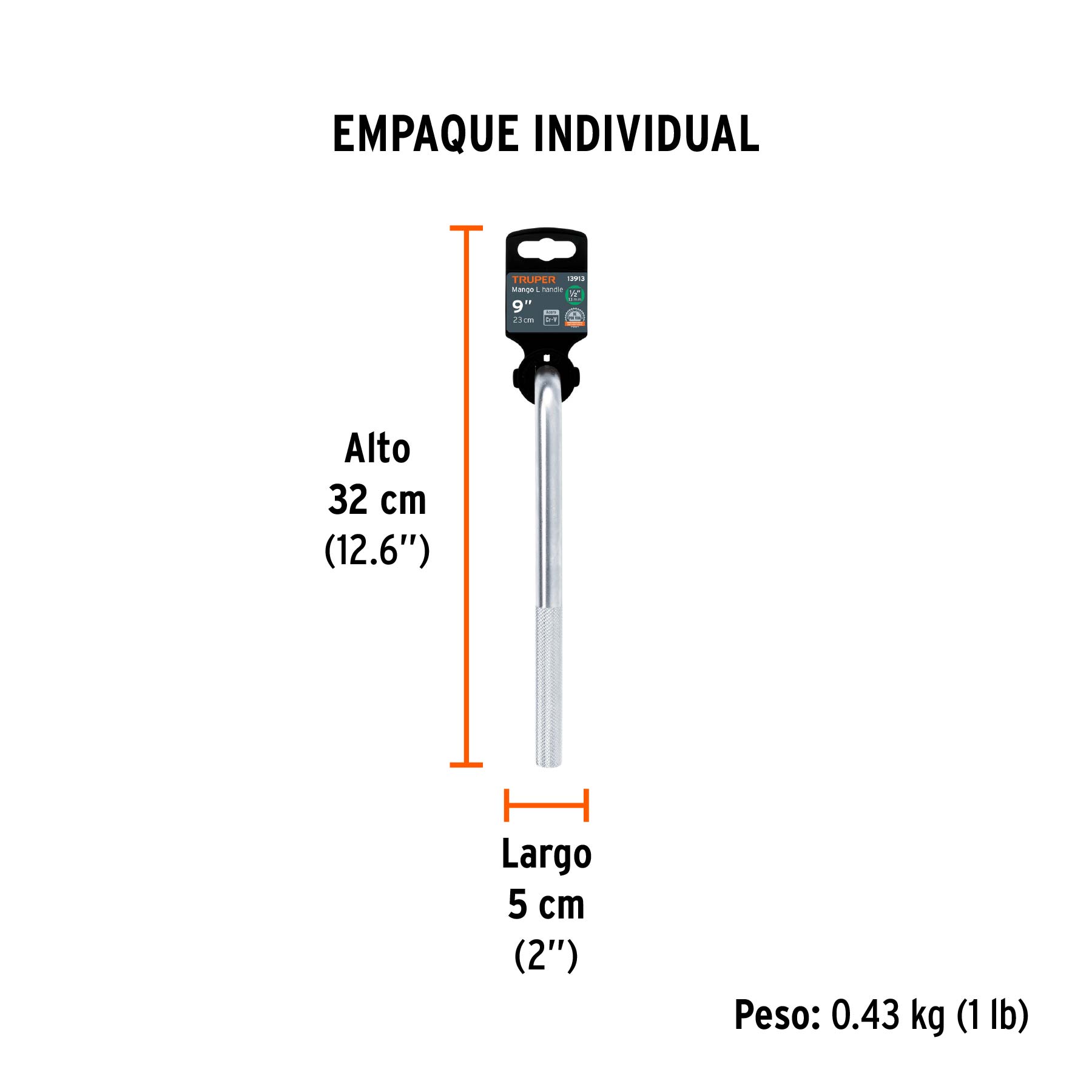 Mango cuadro 1/2" en "L", largo 9", TRUPER - Empaque
