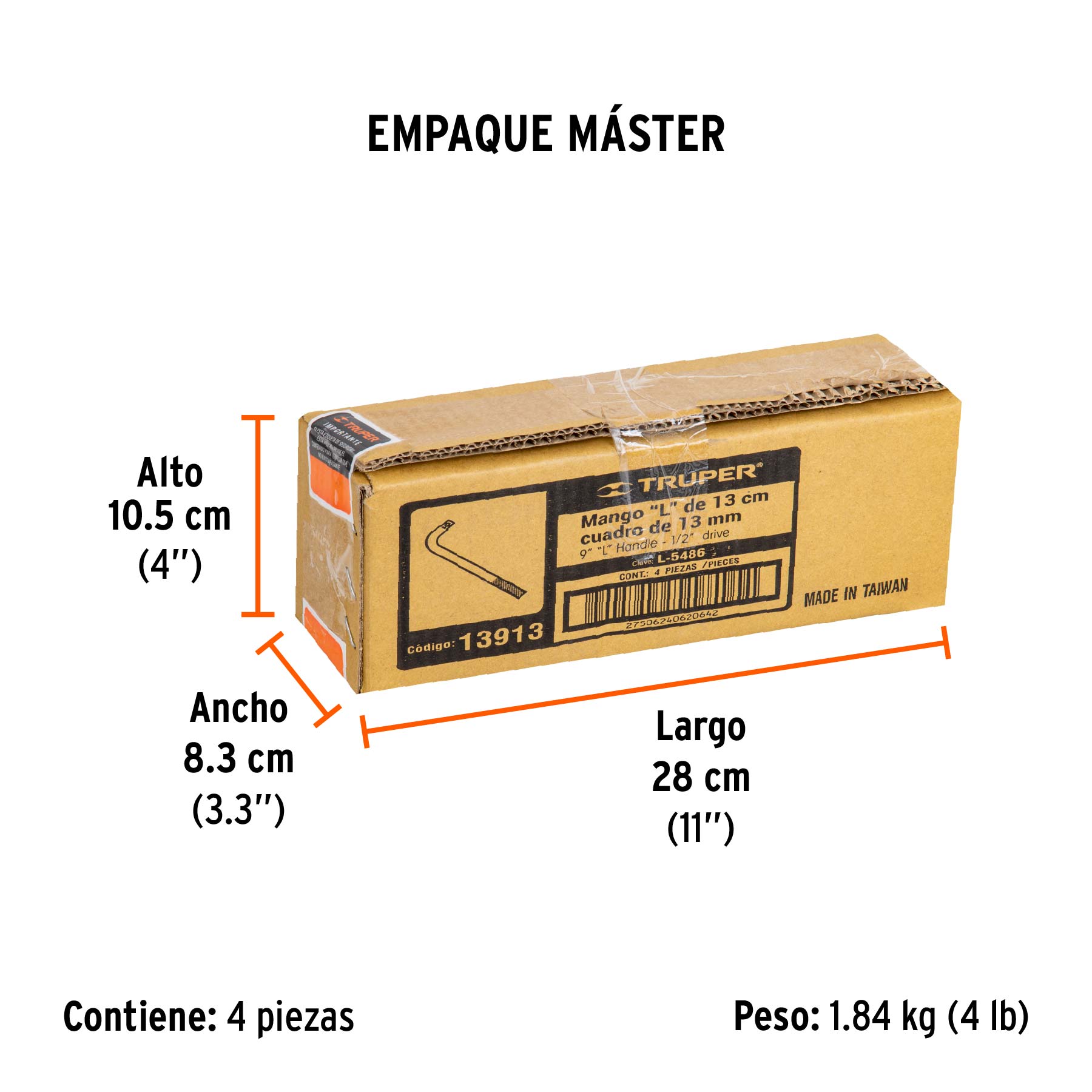Mango cuadro 1/2" en "L", largo 9", TRUPER - Empaque