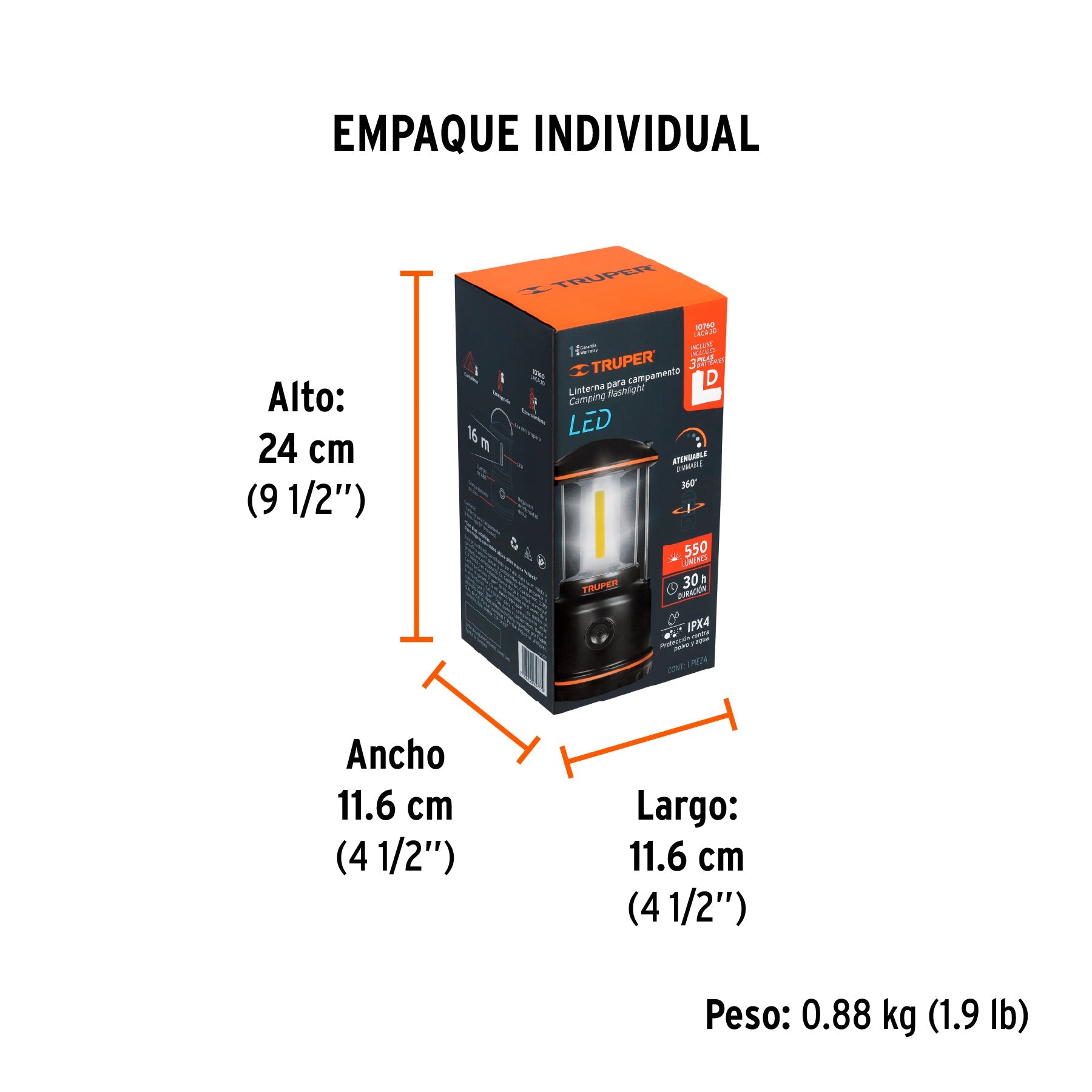 Linterna de LED para campamento, tipo farol, de Pilas 3 D - Empaque