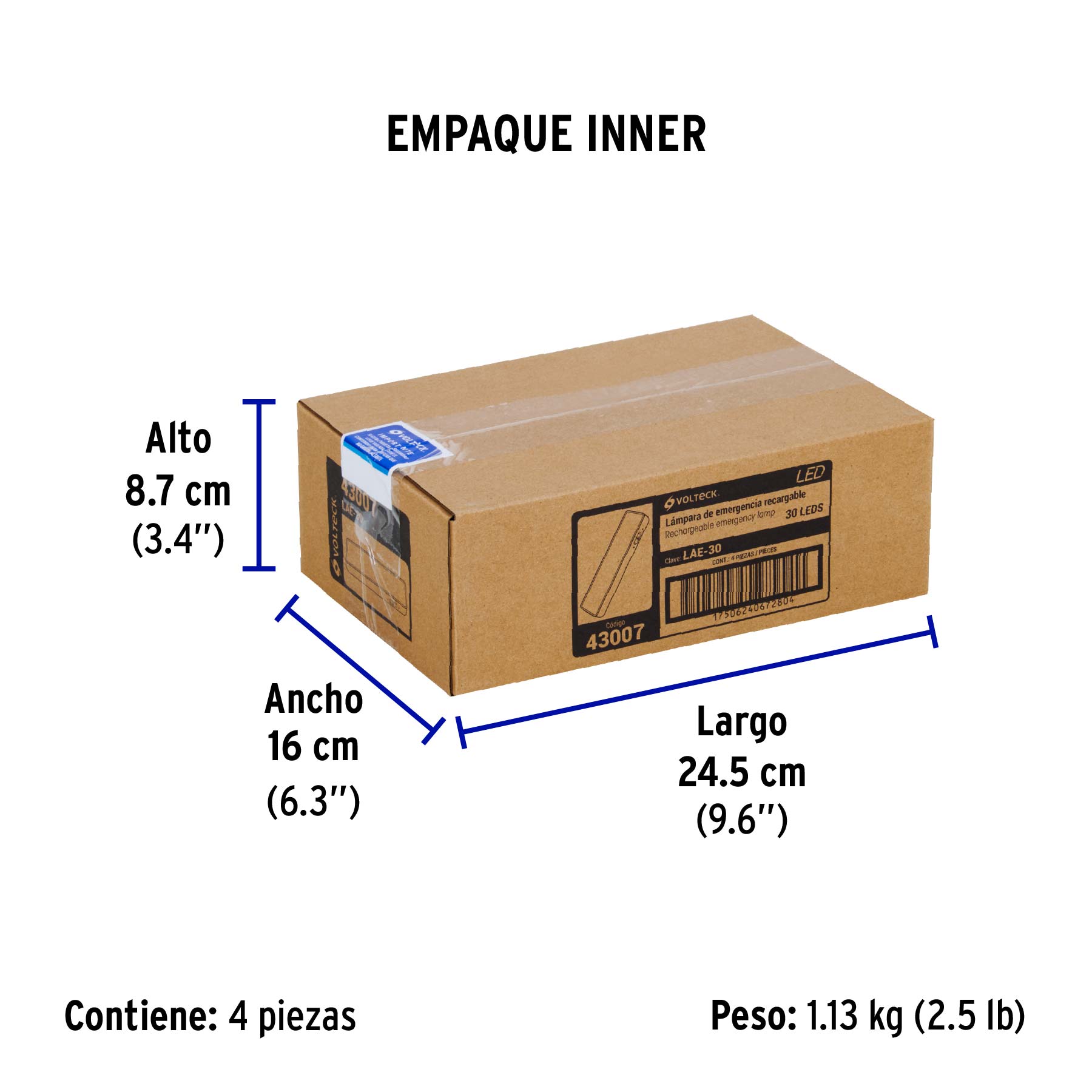 Lámpara de emergencia de 30 Leds, 220 lm recargable, VOLTECK - Empaque