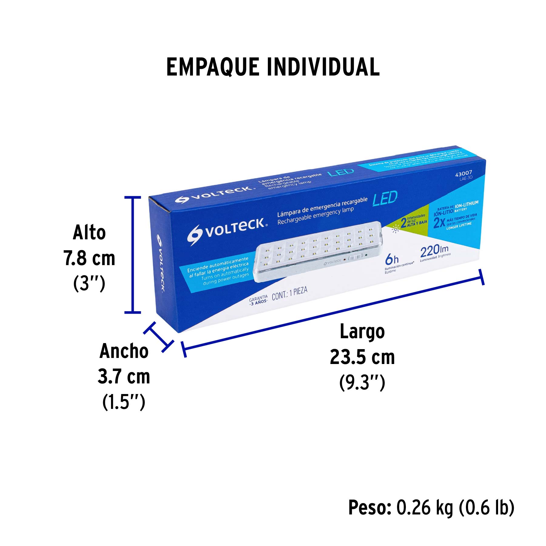 Lámpara de emergencia de 30 Leds, 220 lm recargable, VOLTECK - Empaque