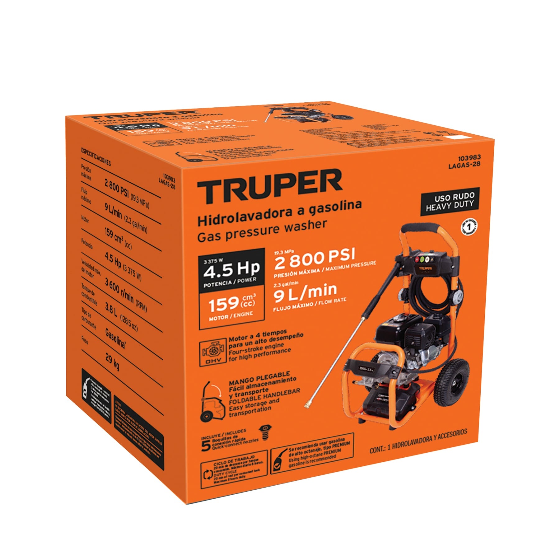Hidrolavadora con motor a gasolina, 2,800 PSI, TRUPER