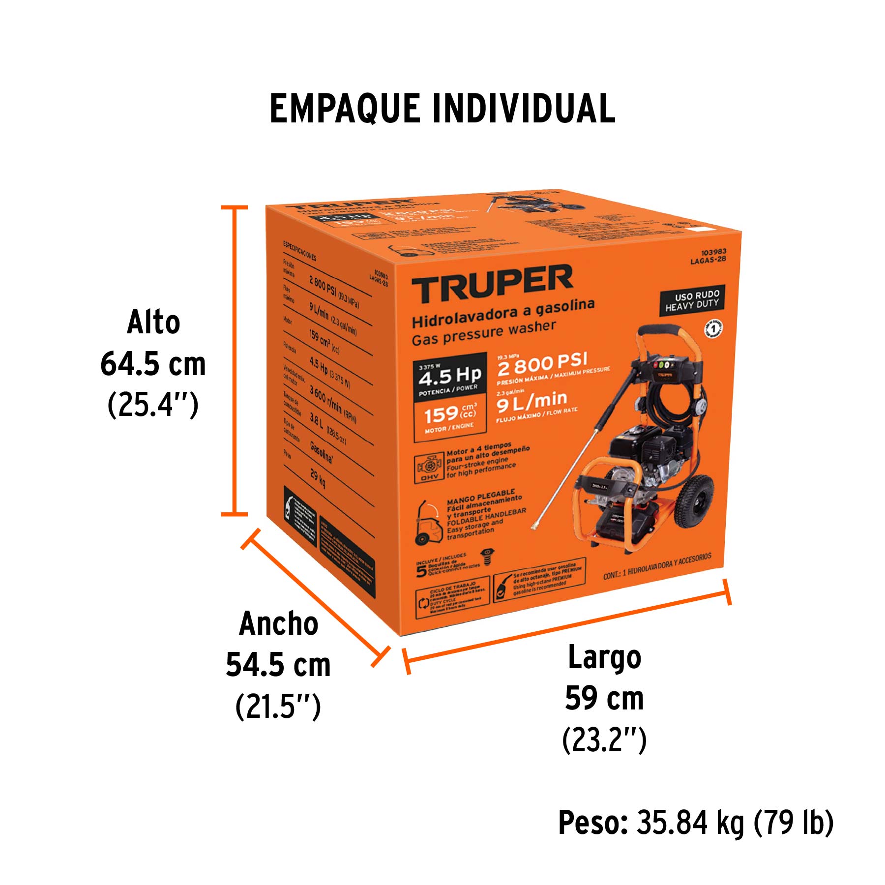 Hidrolavadora con motor a gasolina, 2,800 PSI, TRUPER - Empaque