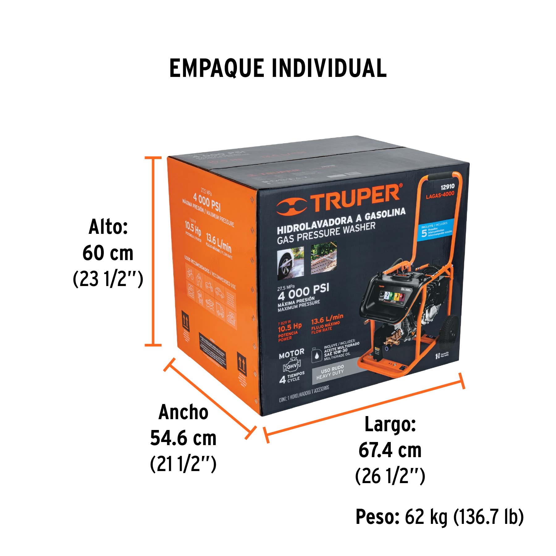 Hidrolavadora con motor a gasolina, 4000 PSI, TRUPER - Empaque