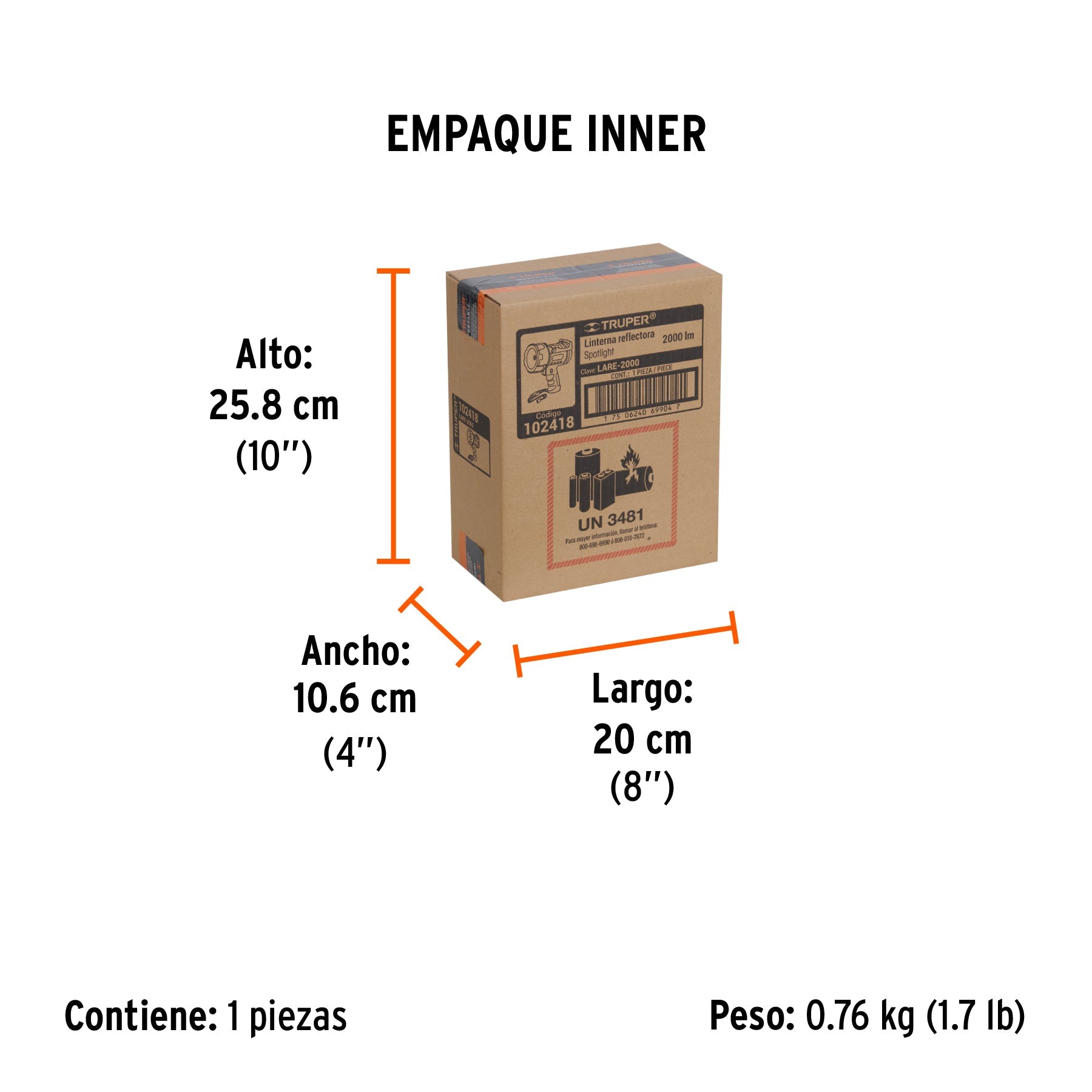 Linterna reflectora LED 2000 lm, recargable, TRUPER - Empaque