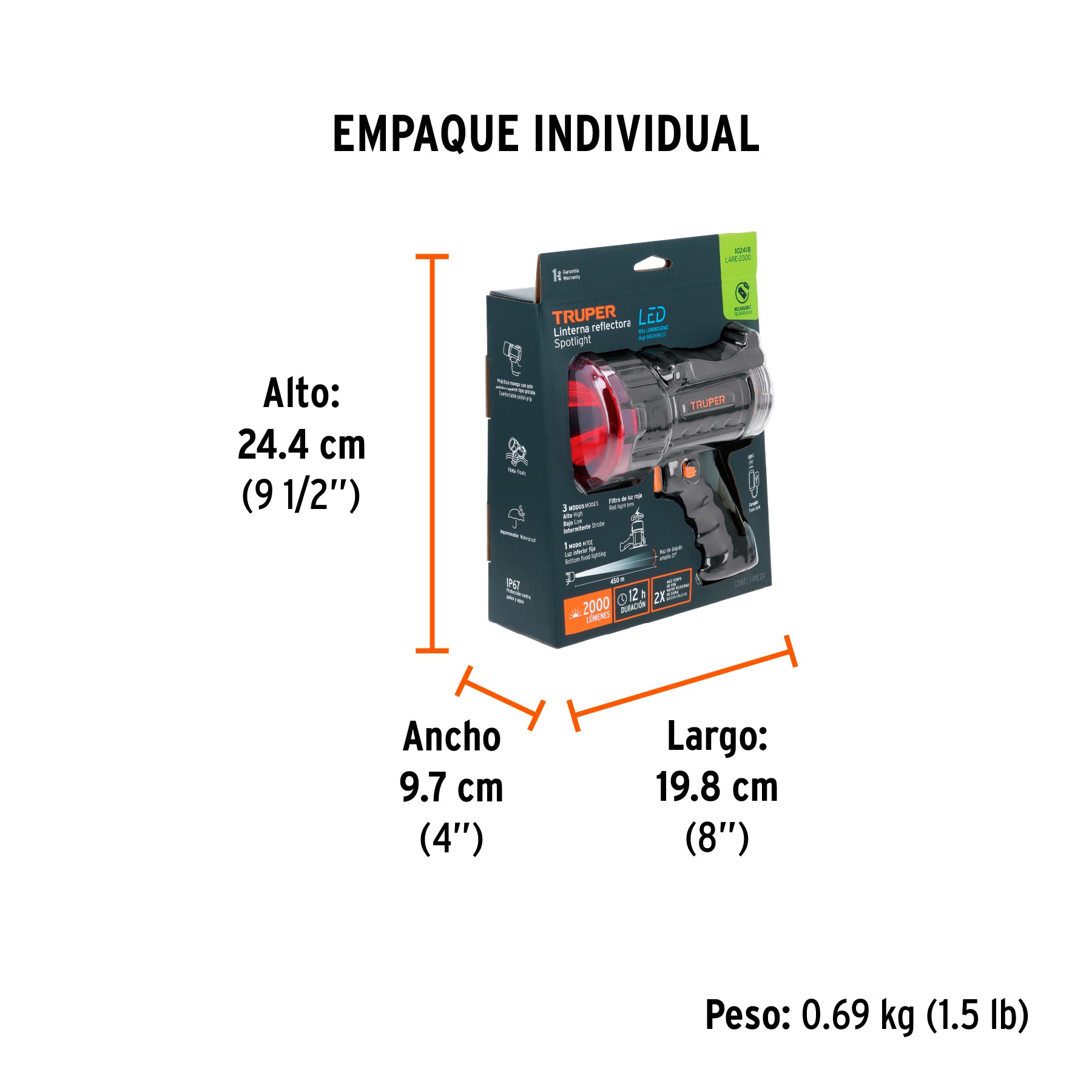 Linterna reflectora LED 2000 lm, recargable, TRUPER - Empaque