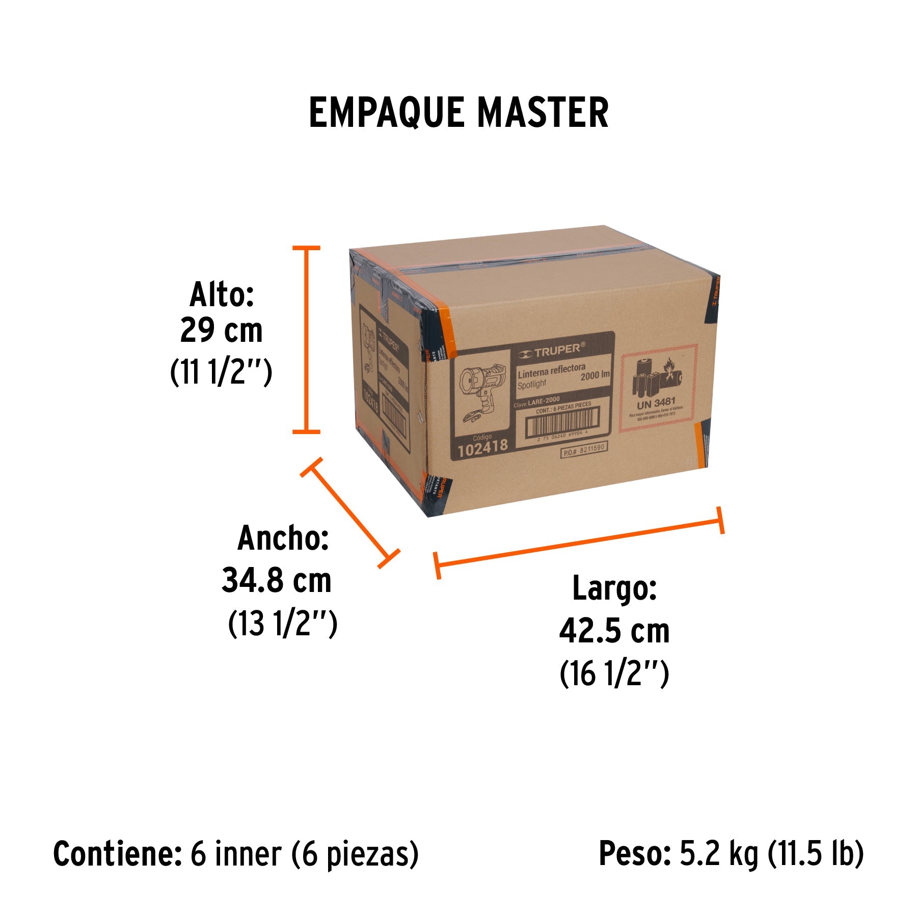 Linterna reflectora LED 2000 lm, recargable, TRUPER - Empaque
