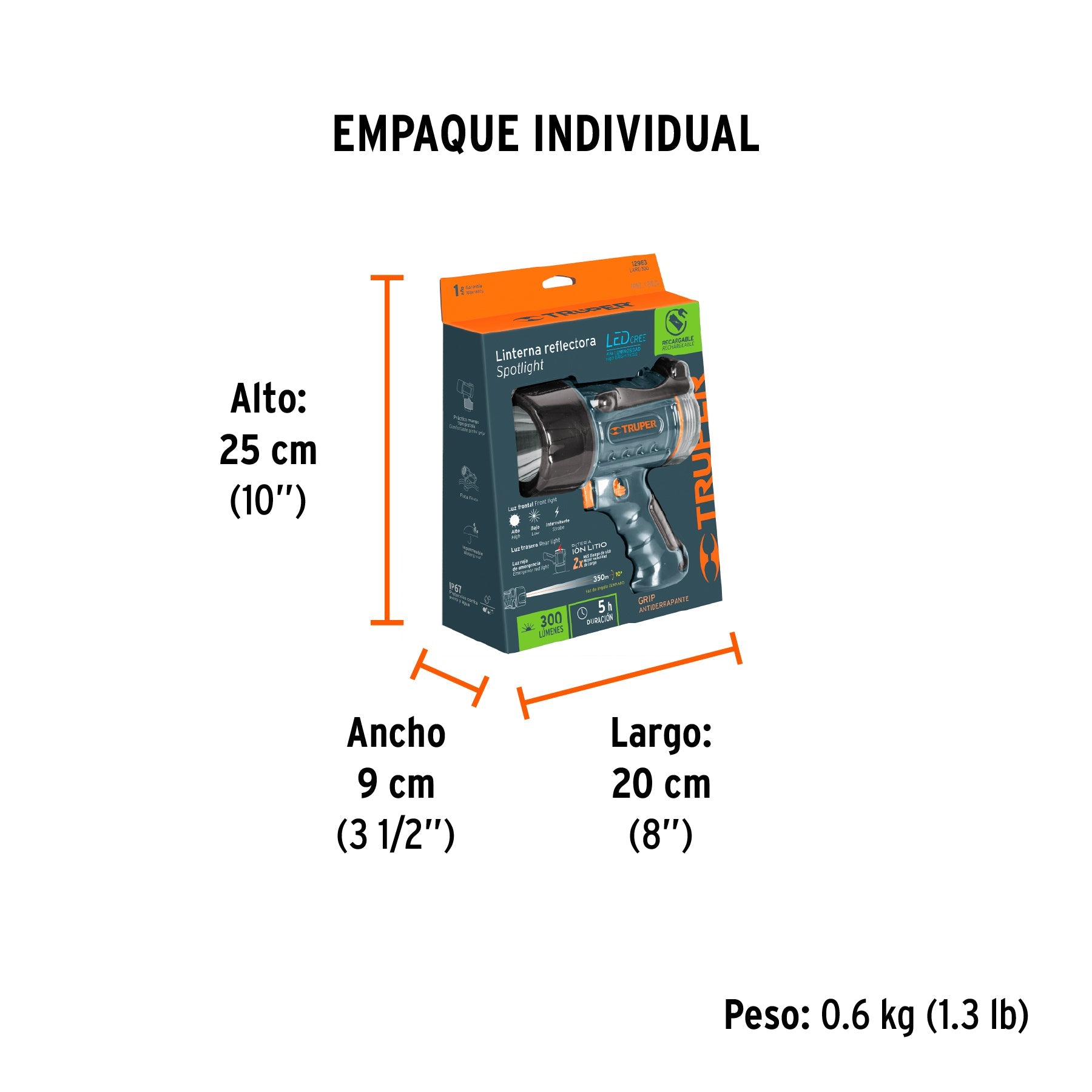 Linterna reflectora LED 300 lm recargable, TRUPER - Empaque