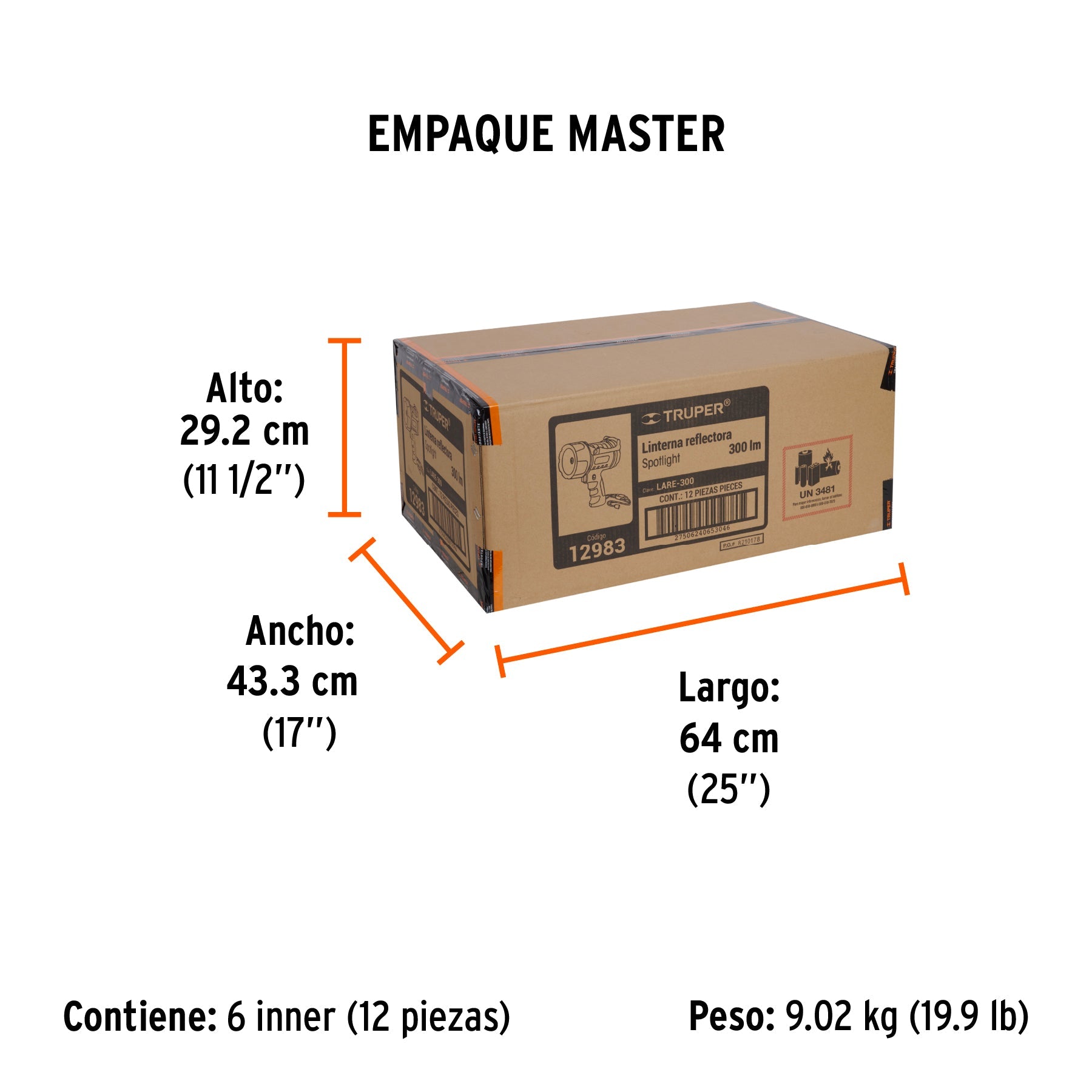 Linterna reflectora LED 300 lm recargable, TRUPER - Empaque