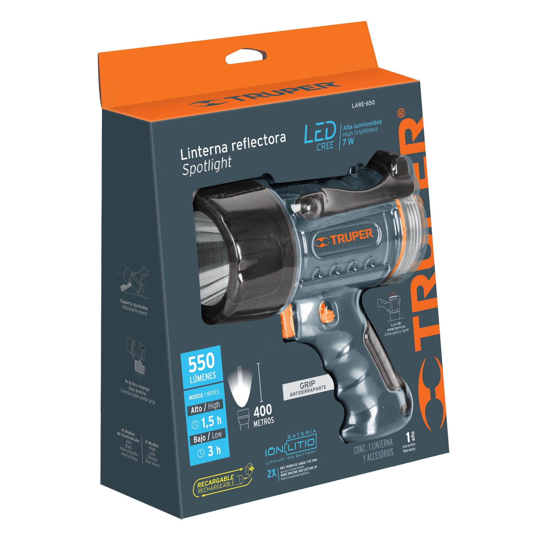 Lámpara recargable de LED 550 lm alta potencia, TRUPER