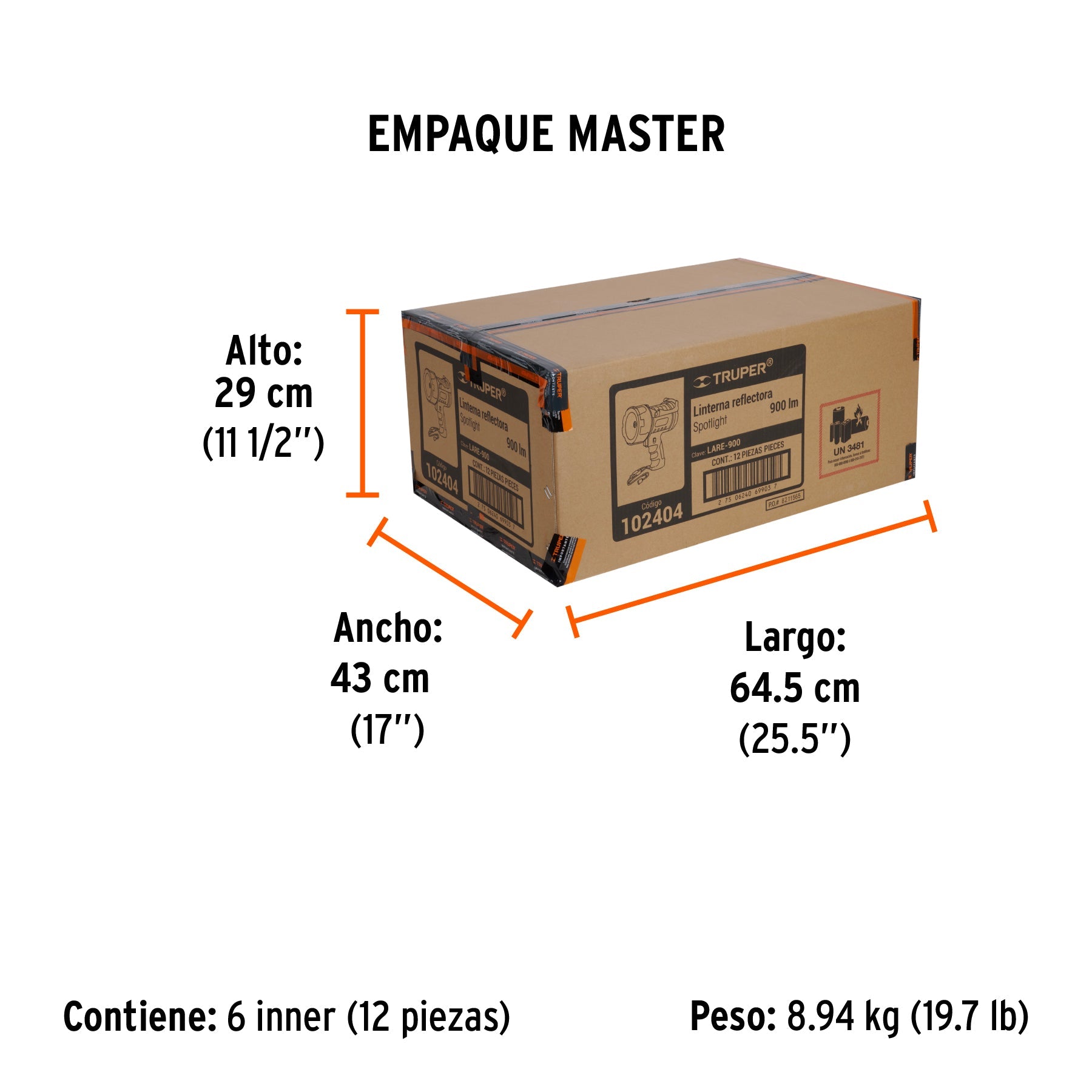 Linterna reflectora LED 900 lm, recargable, TRUPER - Empaque