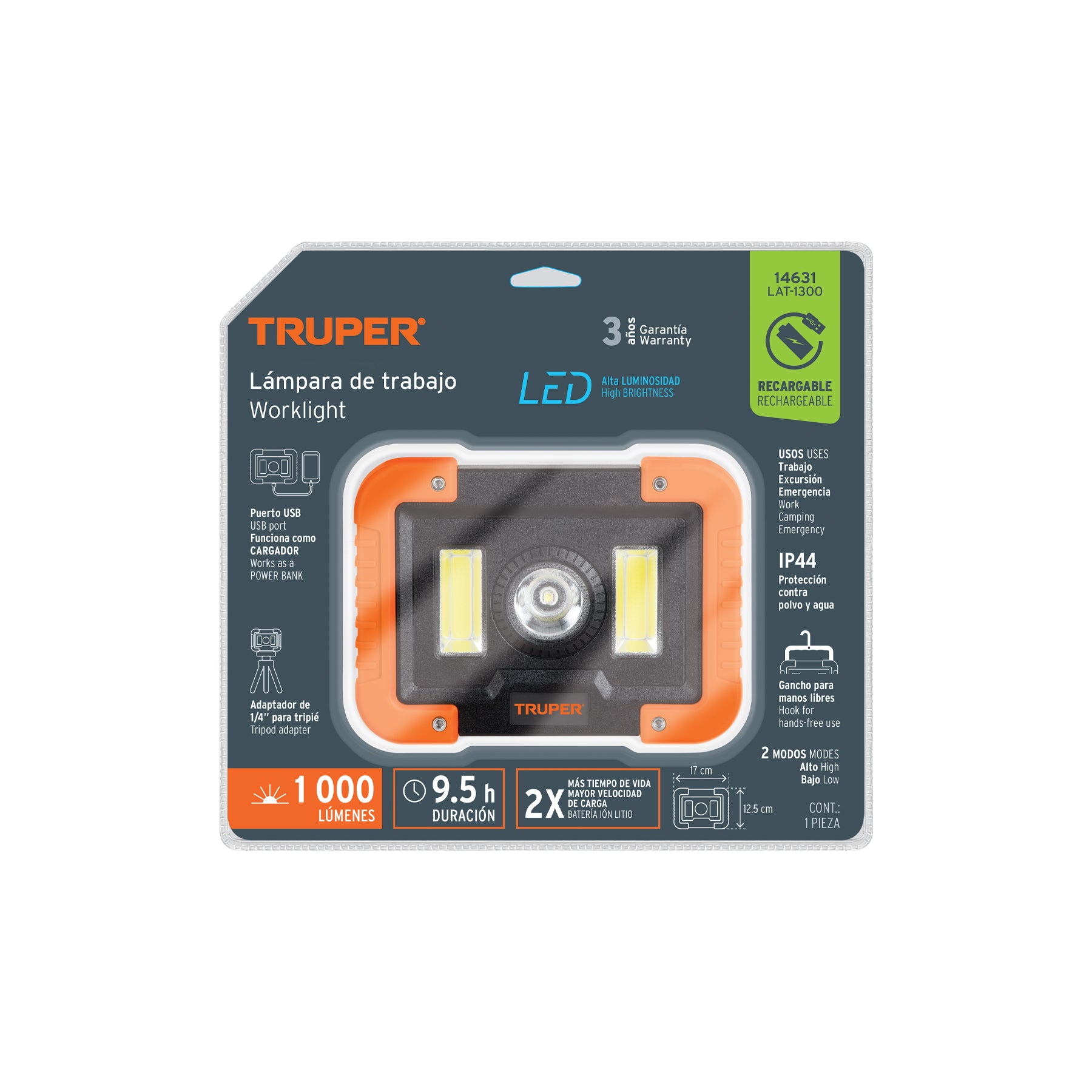 Lámpara LED 1000 lm de trabajo, recargable, TRUPER