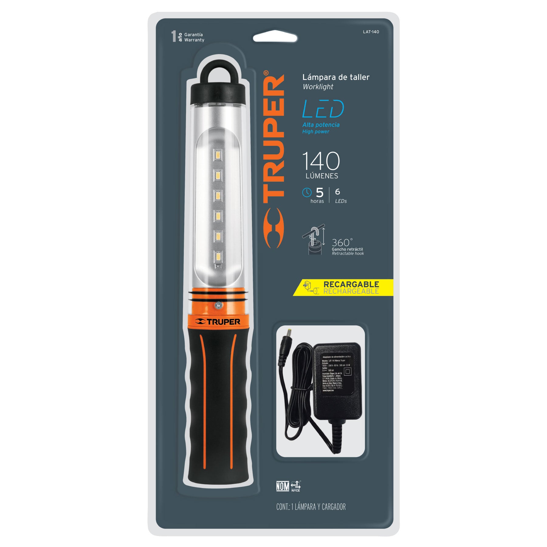 Lámpara de taller recargable de LED, 140 lúmenes