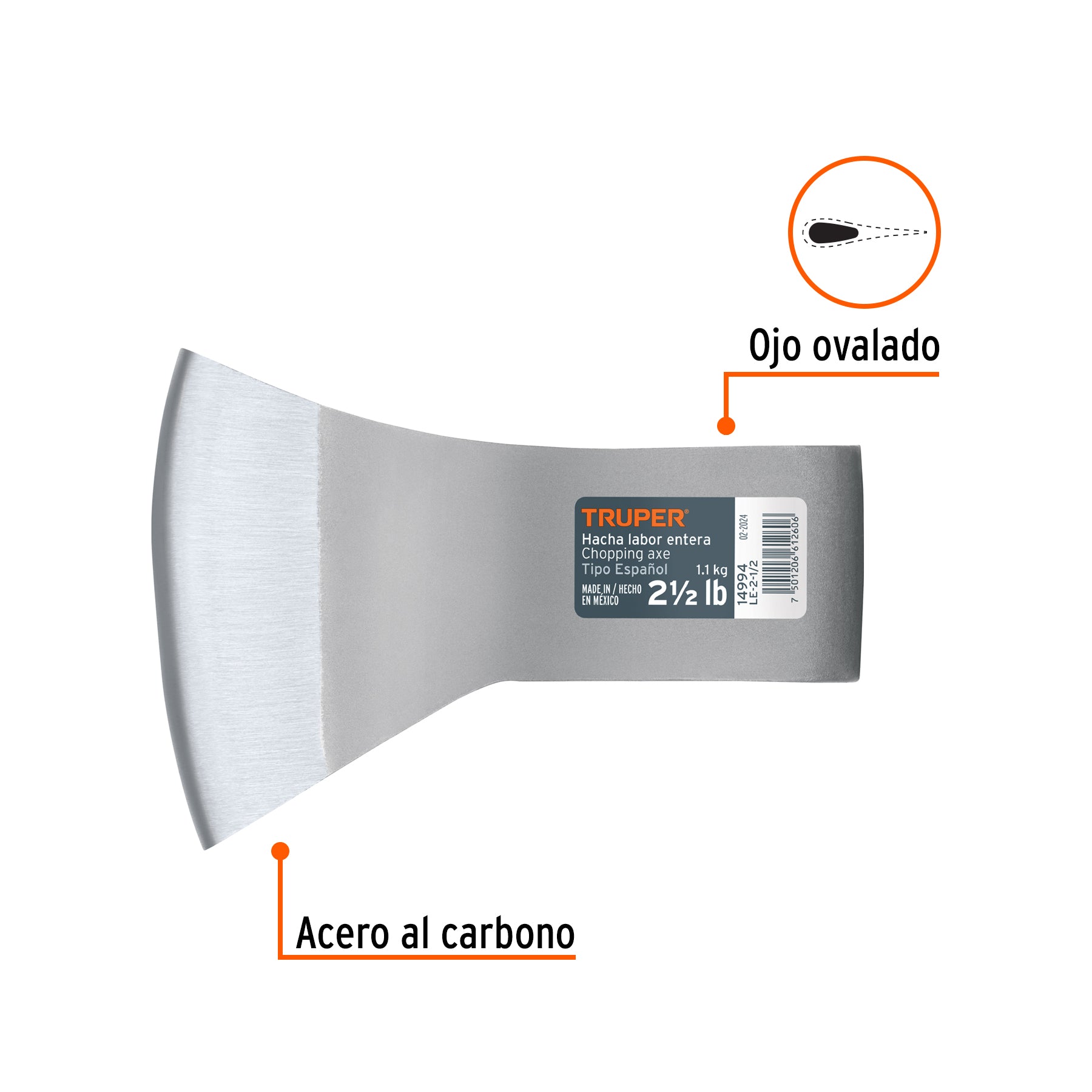 Hacha labor entera 2-1/2 lb, sin mango, TRUPER