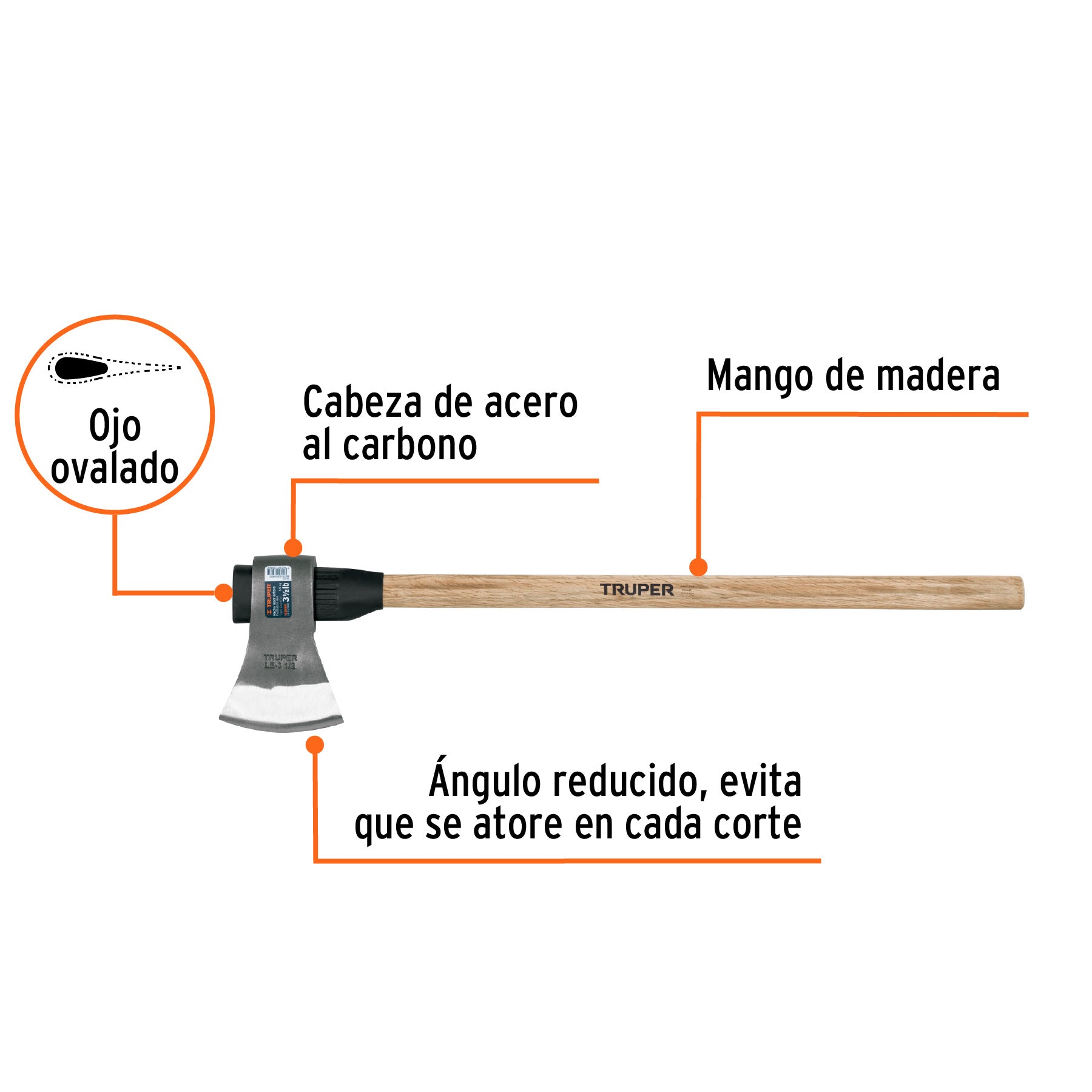 Hacha labor entera 3-1/2lb, mango de madera 36", TRUPER