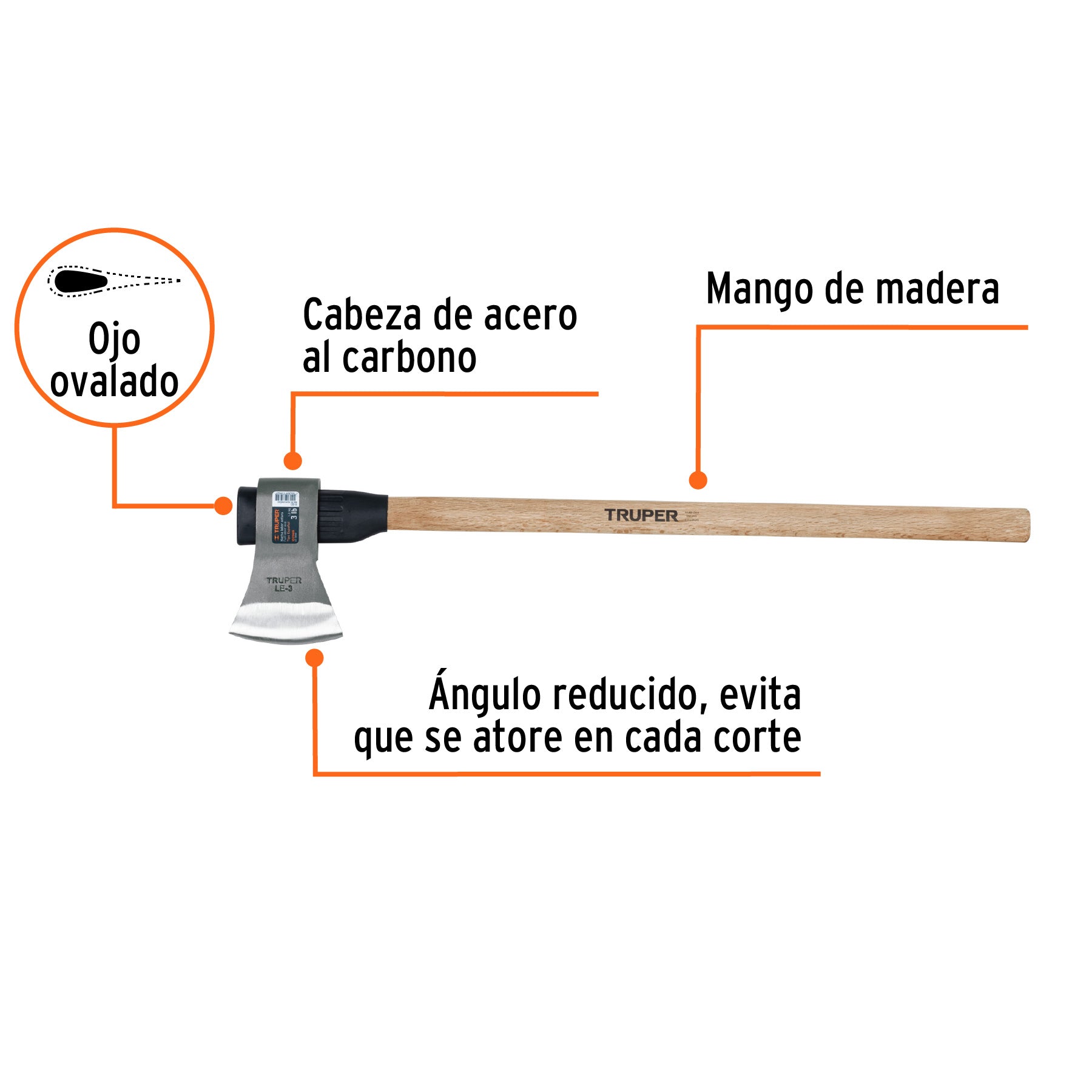 Hacha labor entera 3 lb, mango de madera 36", TRUPER