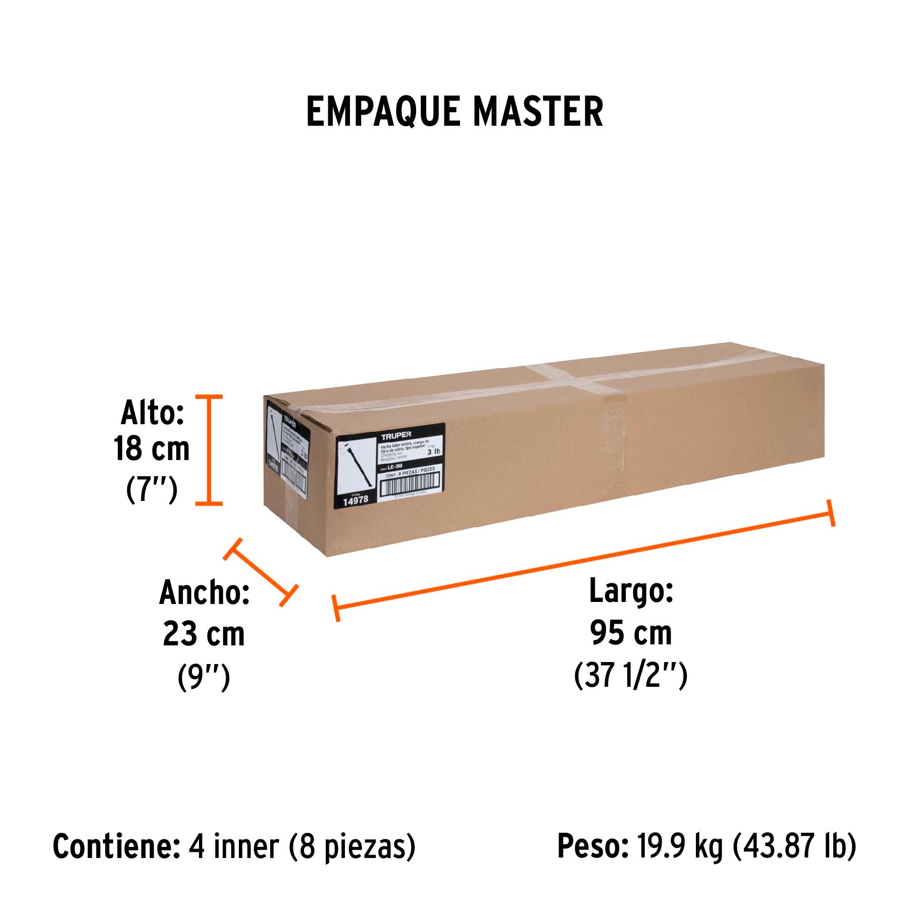 Hacha labor entera 3 lb, mango de fibra de vidrio 36",TRUPER - Empaque