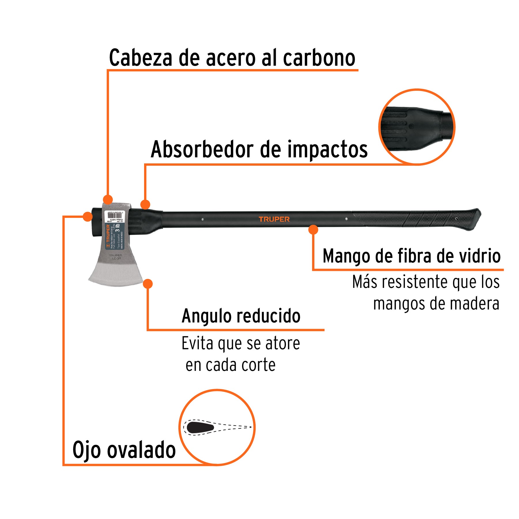 Hacha labor entera 3 lb, mango de fibra de vidrio 36",TRUPER