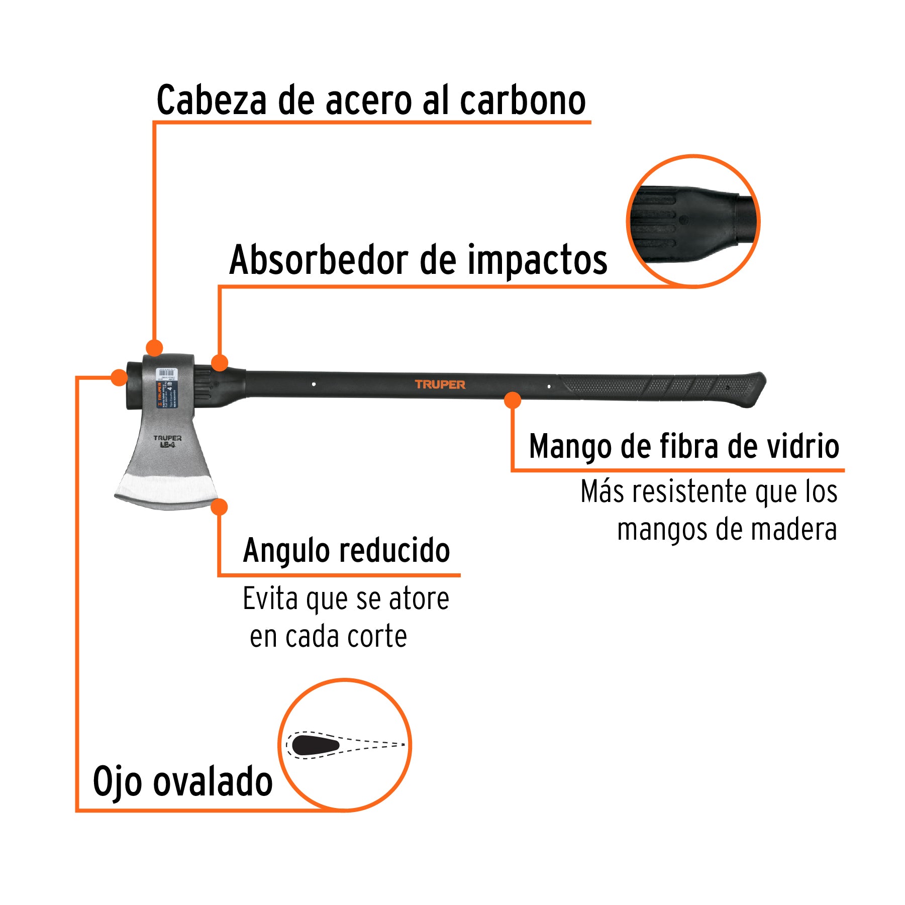 Hacha labor entera 4 lb, mango de fibra de vidrio 36",TRUPER
