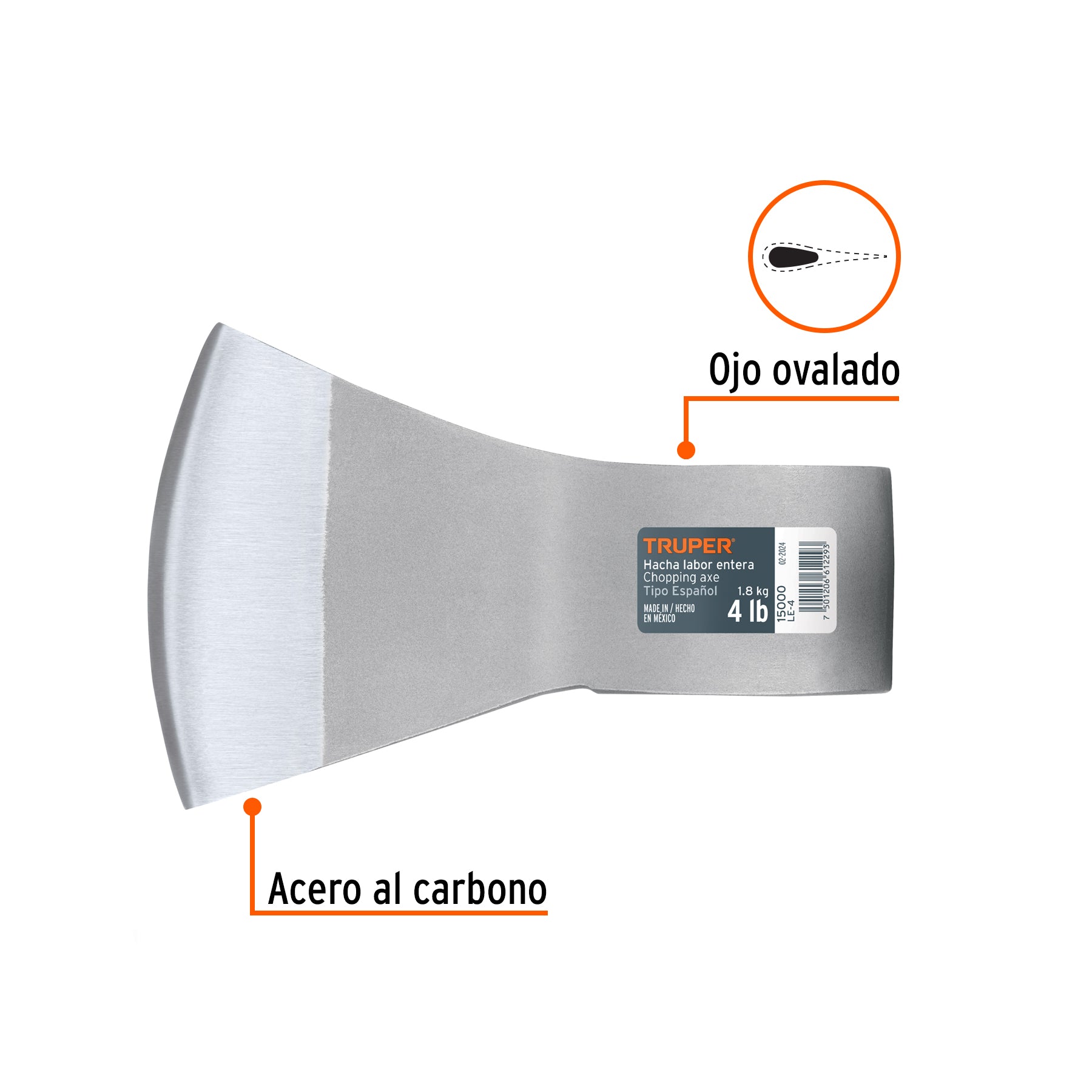 Hacha labor entera 4 lb, sin mango, TRUPER