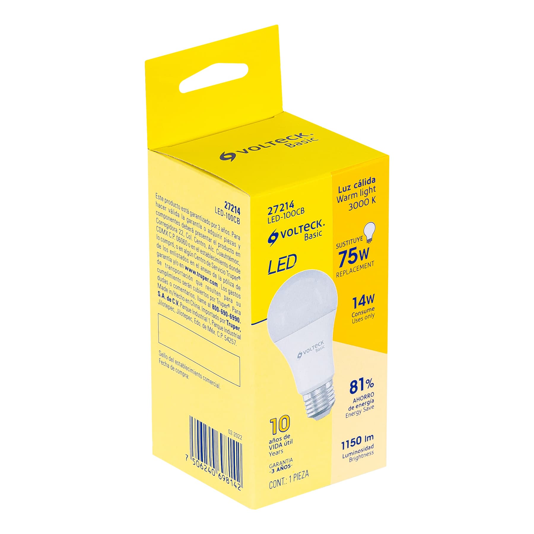 Foco LED 14W (75W) A19, 3000K blanca cálida, 1150 lm, BASIC