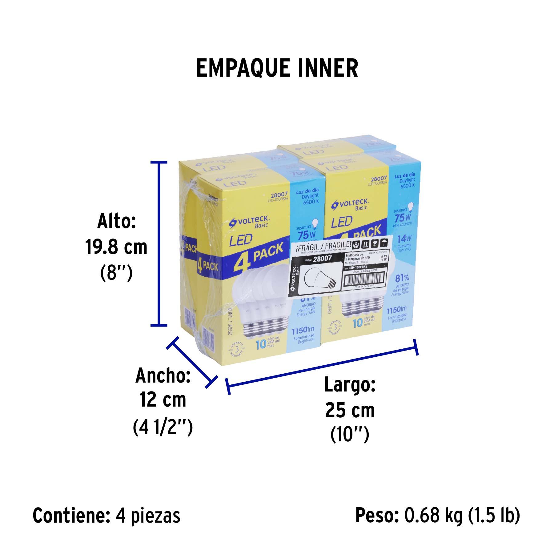 Pack 4 focos LED 14W (75W) A19, 6500K fría, 1150 lm, BASIC - Empaque