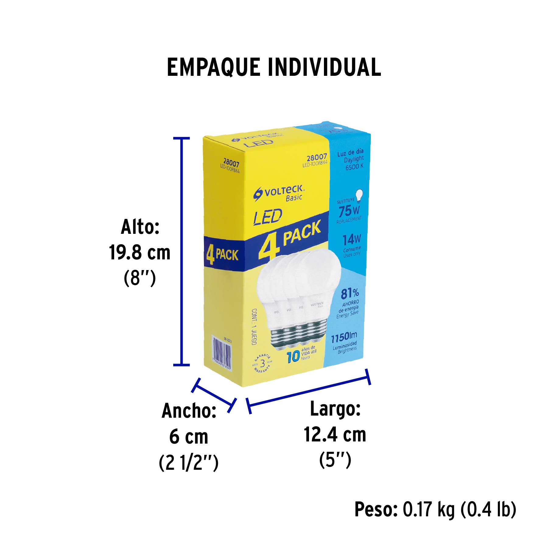 Pack 4 focos LED 14W (75W) A19, 6500K fría, 1150 lm, BASIC - Empaque