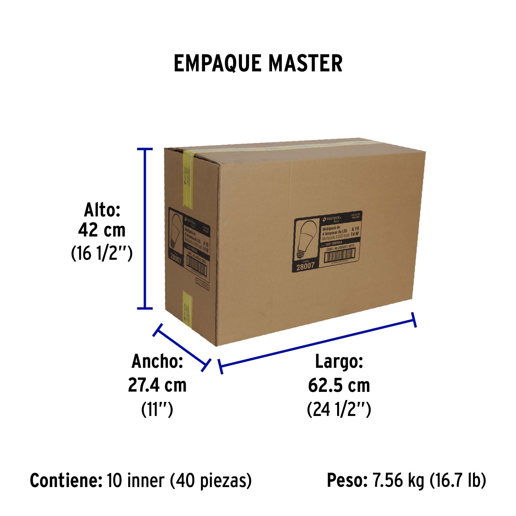 Pack 4 focos LED 14W (75W) A19, 6500K fría, 1150 lm, BASIC - Empaque