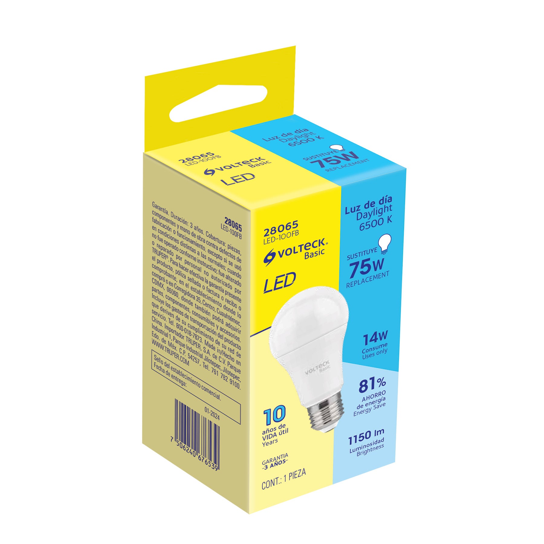 Foco LED 14W (75W) A19, 6500K blanca fría, 1150 lm, BASIC