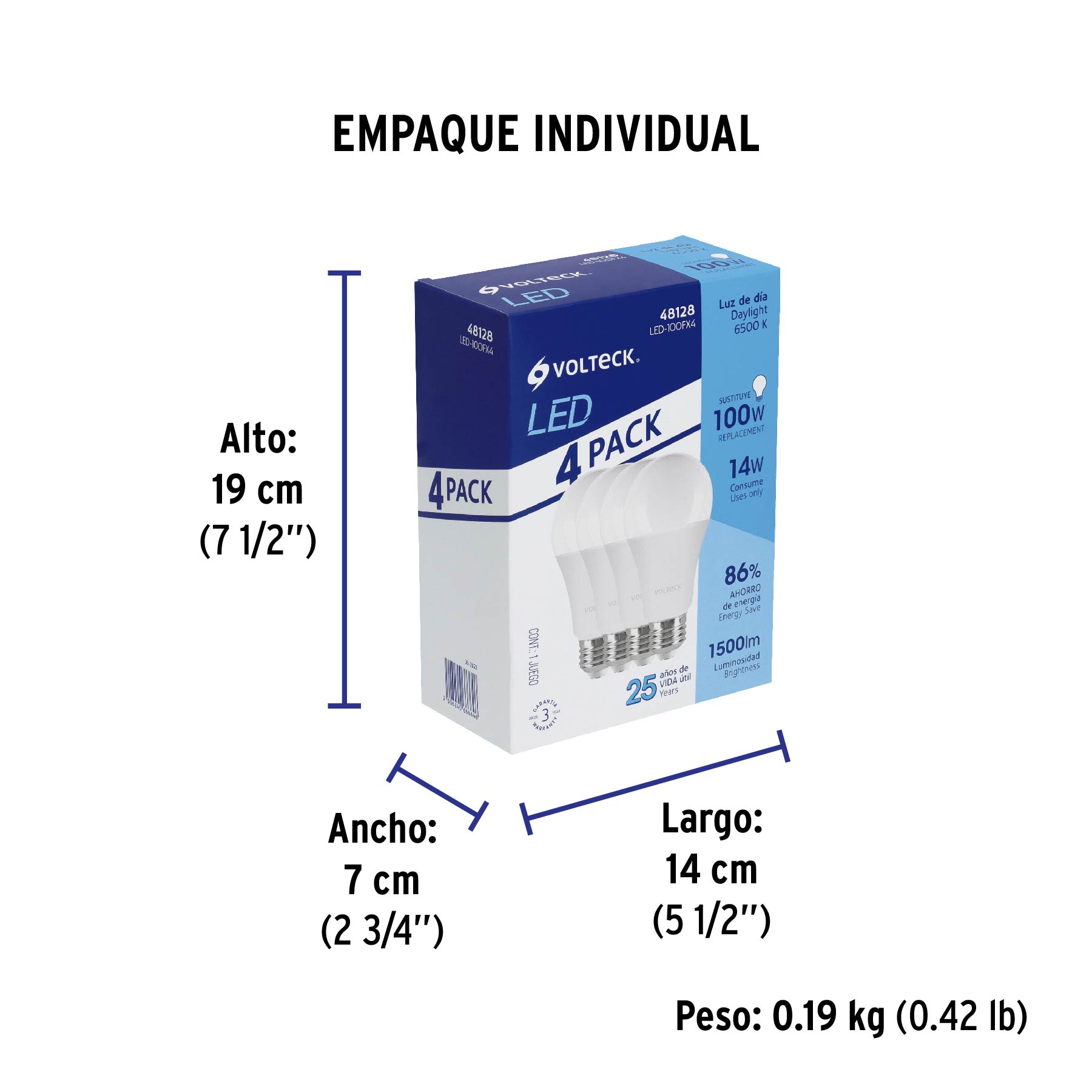 Pack 4 focos LED 14W (100W) A19, 6500K blanca fría, 1500 lm - Empaque