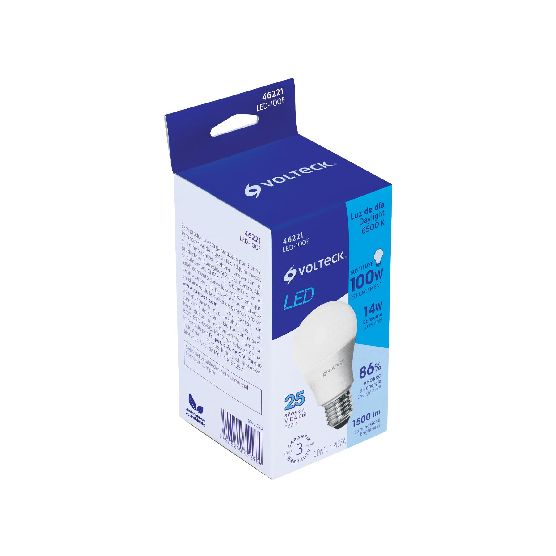 Foco LED 14W (100W) A19, 6500K blanca fría, 1500 lm, caja