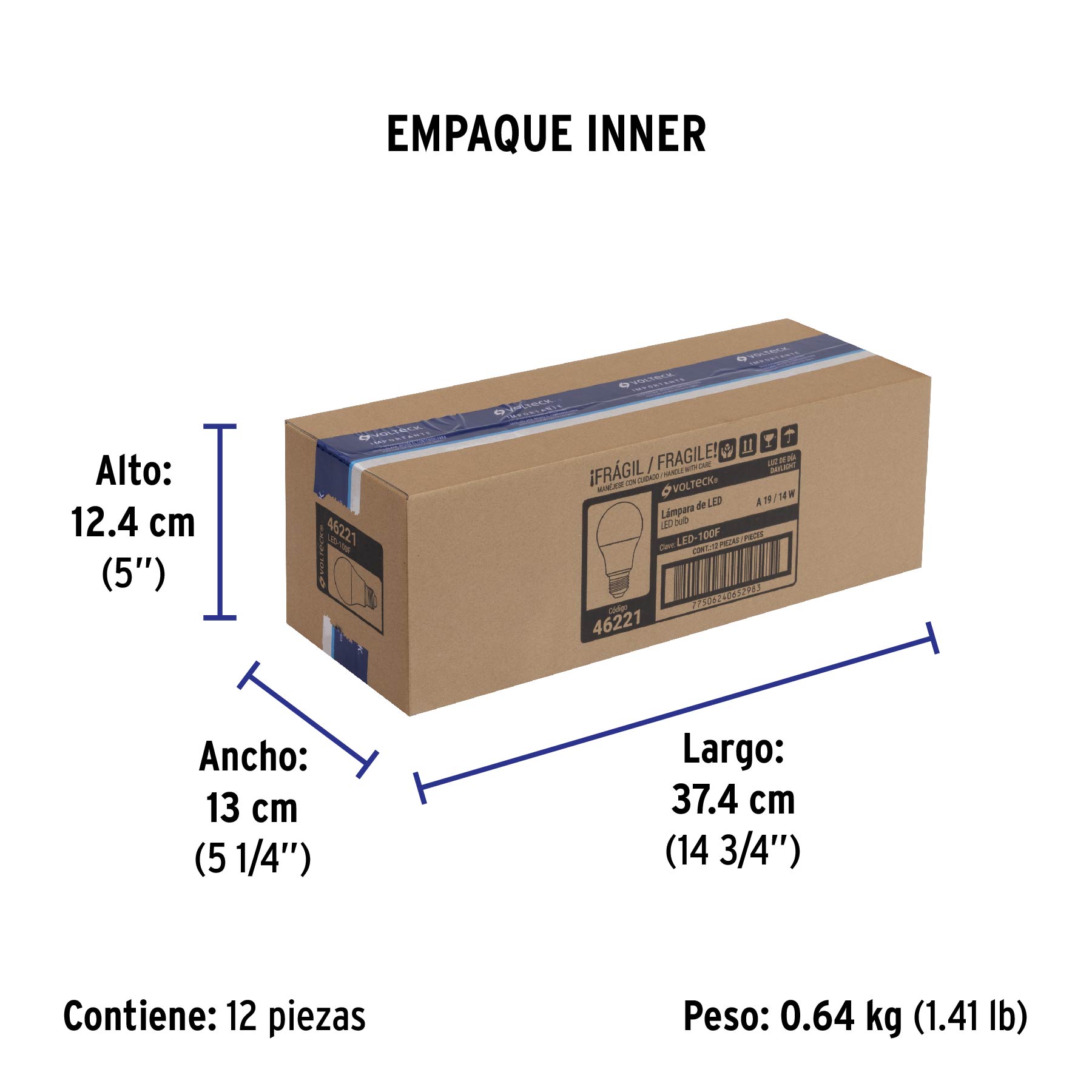 Foco LED 14W (100W) A19, 6500K blanca fría, 1500 lm, caja - Empaque