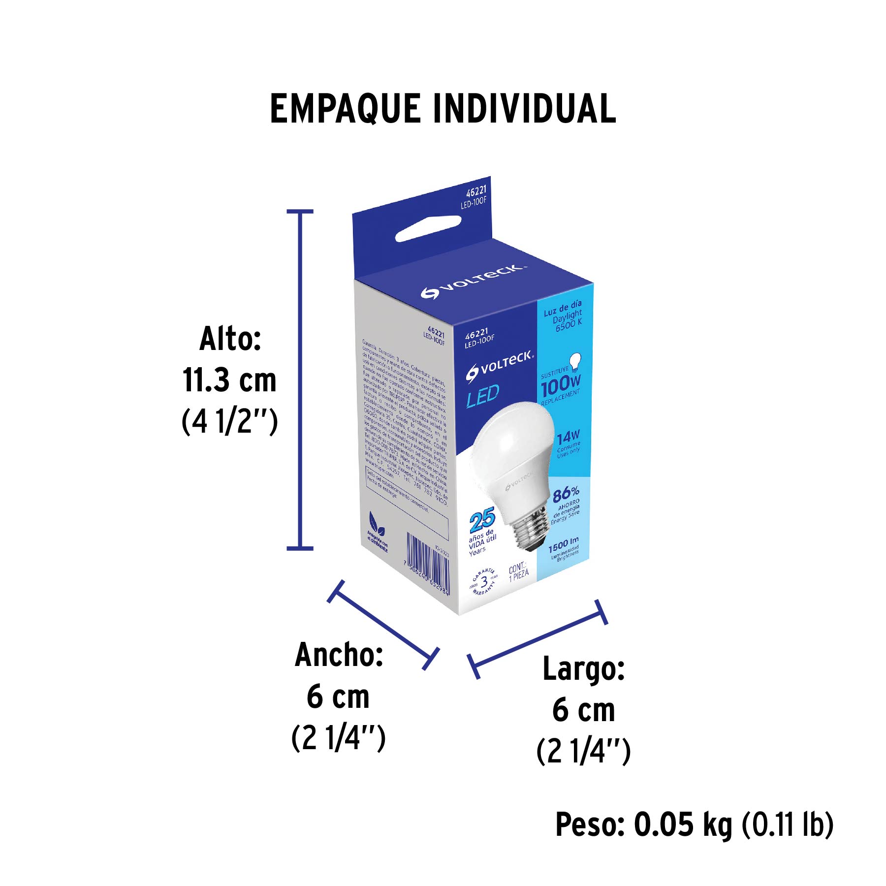 Foco LED 14W (100W) A19, 6500K blanca fría, 1500 lm, caja - Empaque