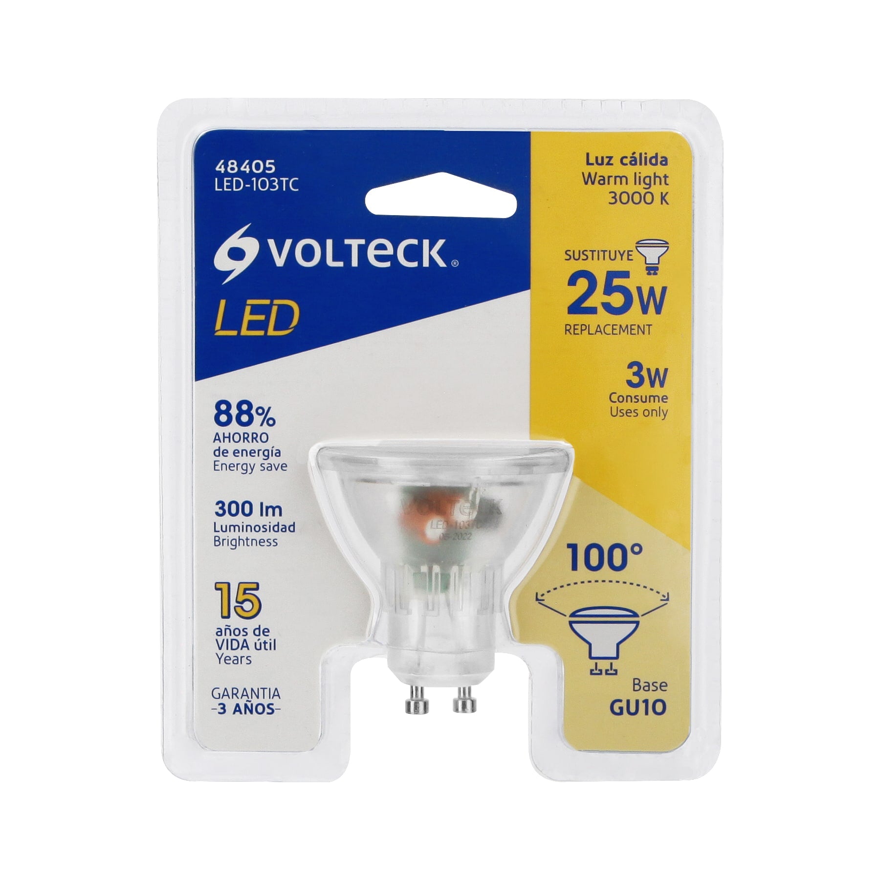 Lámpara trans. de LED 3 W MR16 base GU10 luz cálida, blíster
